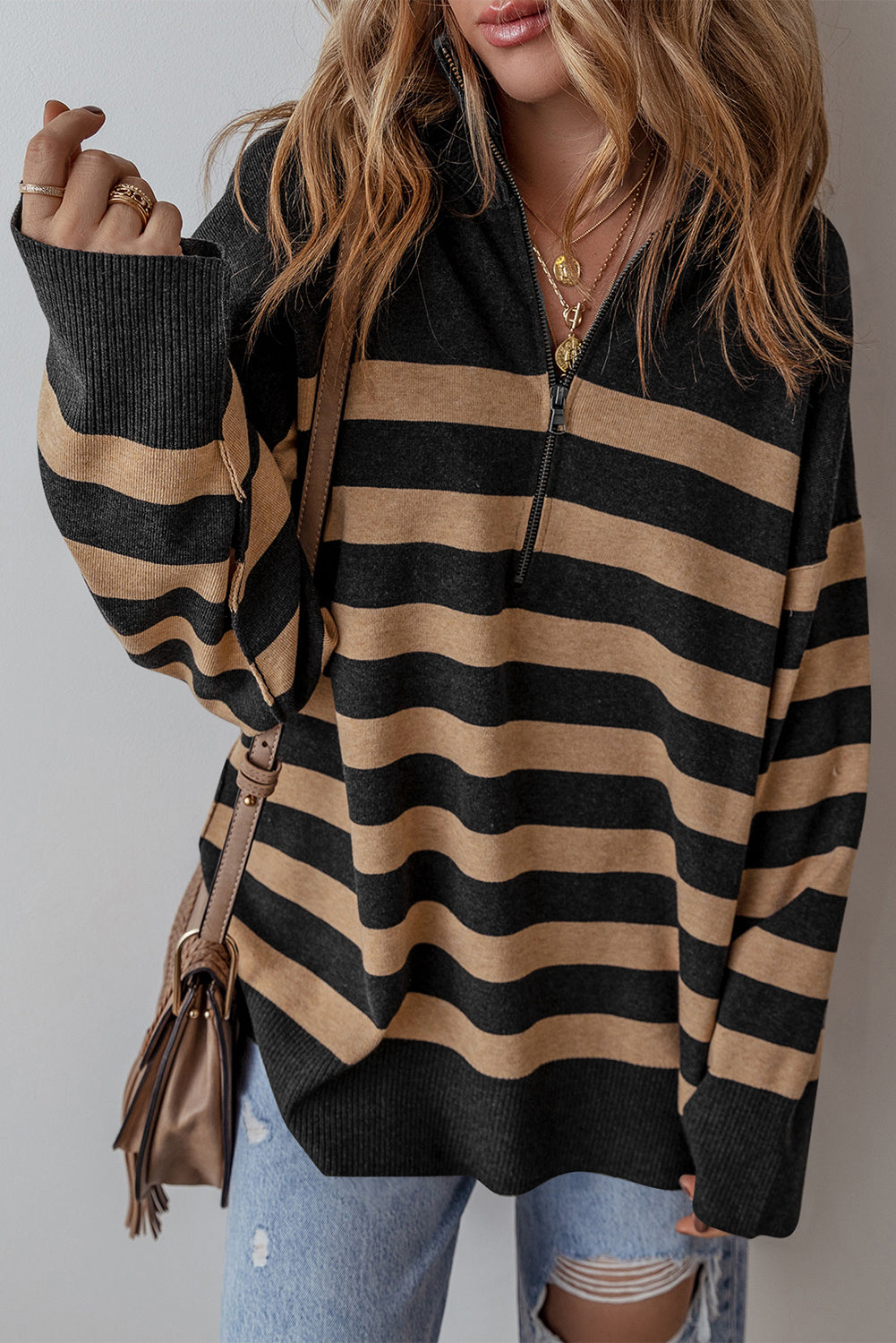 Black Stripe Collared Quarter Zipper Oversized Sweater-Chaelisa's New Jammies