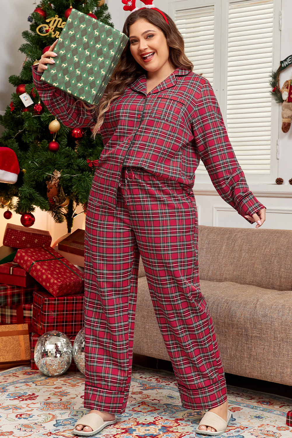 Red Plaid Printed Shirt and Pants Plus Size Lounge Set-Chaelisa's New Jammies