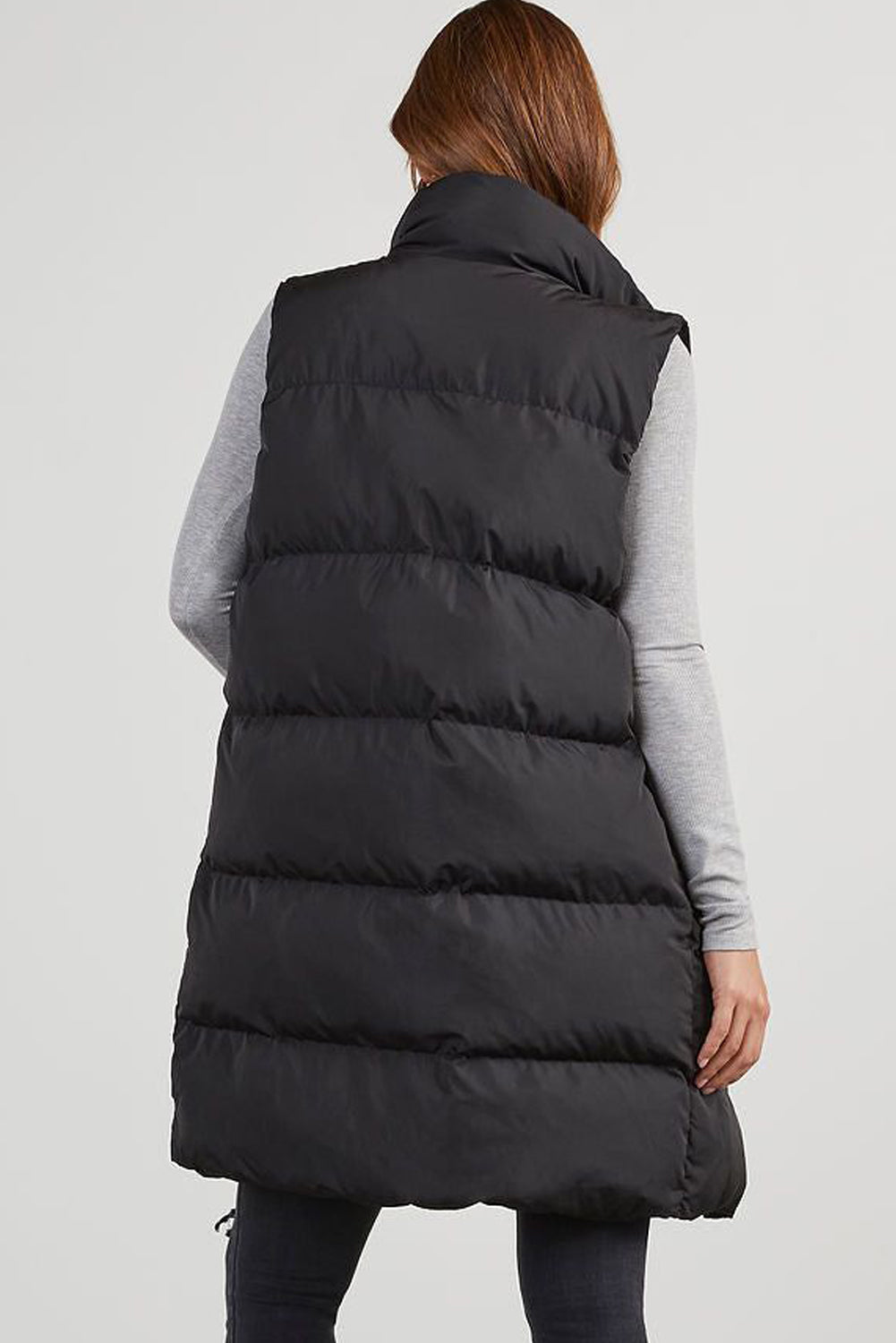 Black Windproof Longline Full Zipper Puffer Vest with Pockets-Chaelisa's New Jammies
