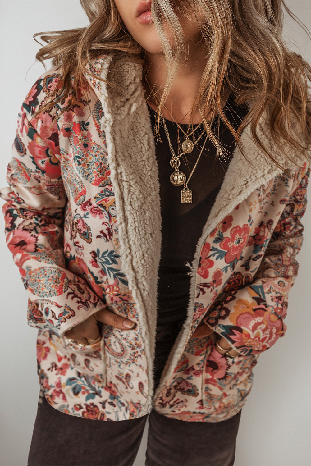 Beige Vintage Paisley Floral Printed Sherpa Lined Hooded Jacket-Chaelisa's New Jammies