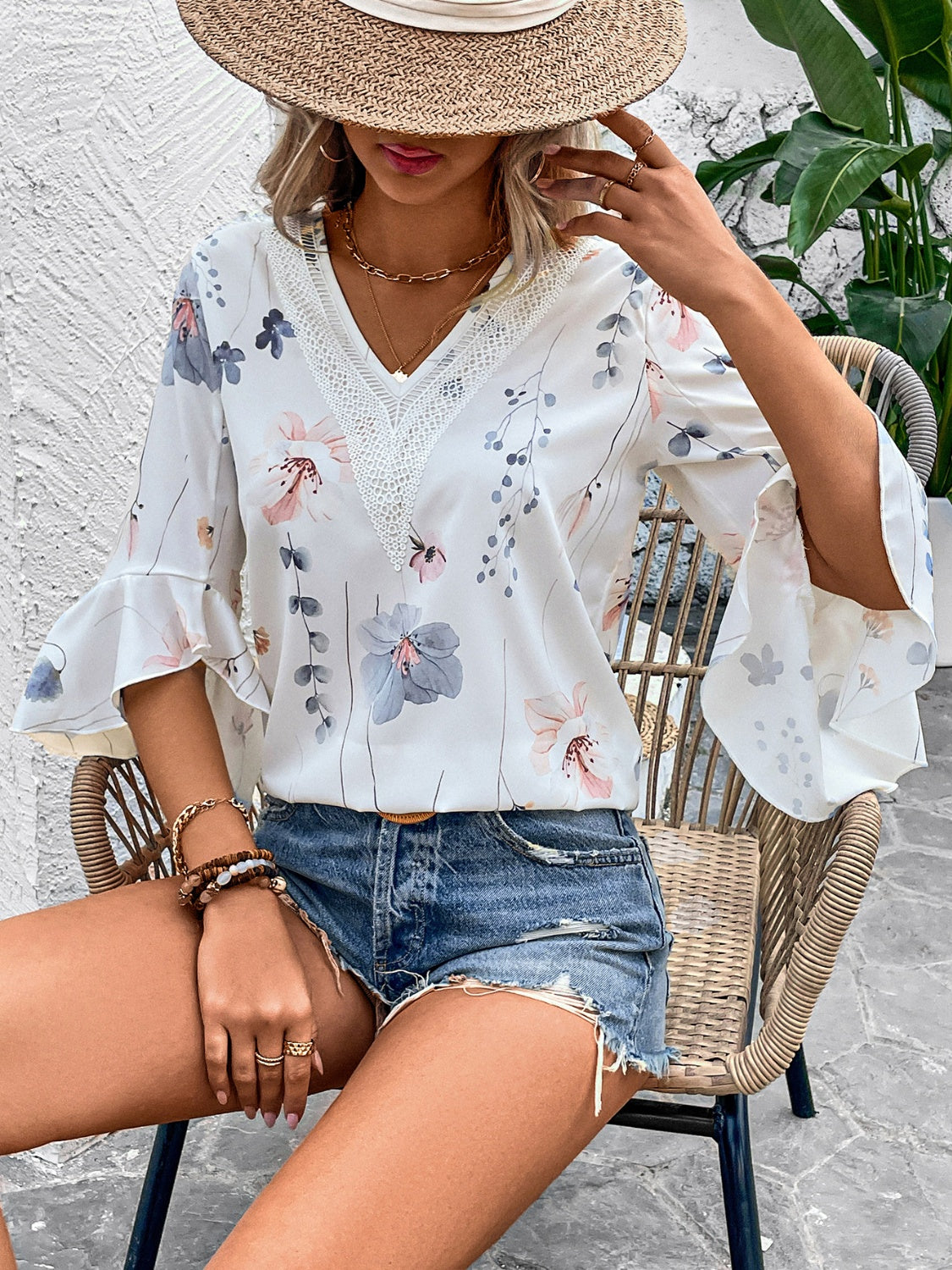 Ruffled Printed V-Neck Half Sleeve Blouse-Chaelisa's New Jammies