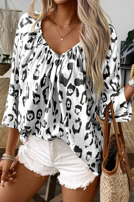 Black Leopard Print Ruched V Neck 3/4 Sleeve Blouse-Chaelisa's New Jammies