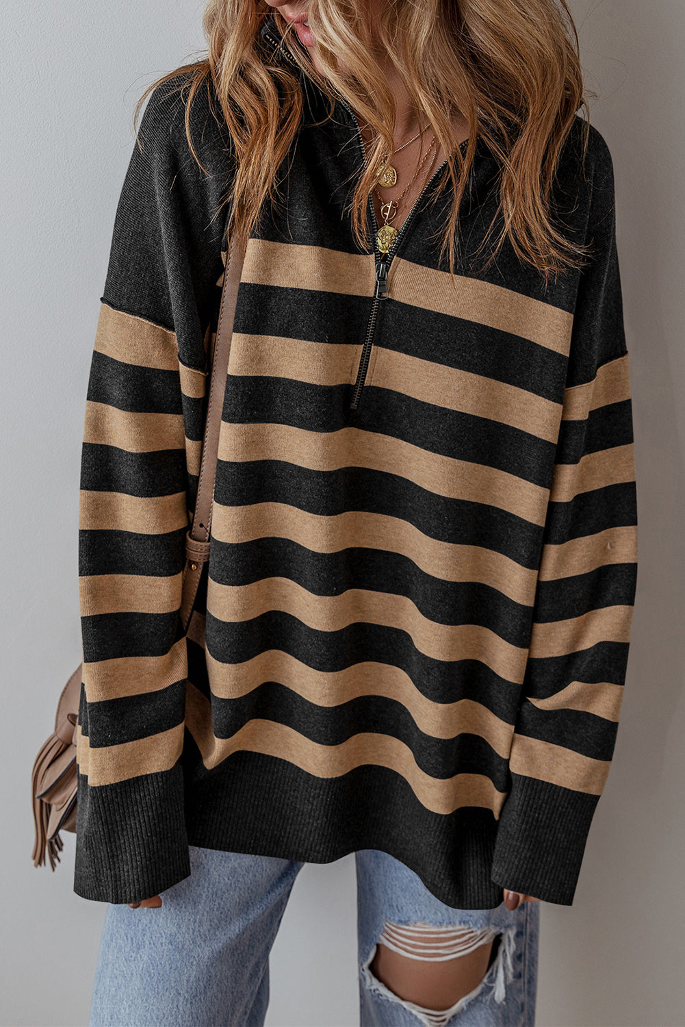 Black Stripe Collared Quarter Zipper Oversized Sweater-Chaelisa's New Jammies