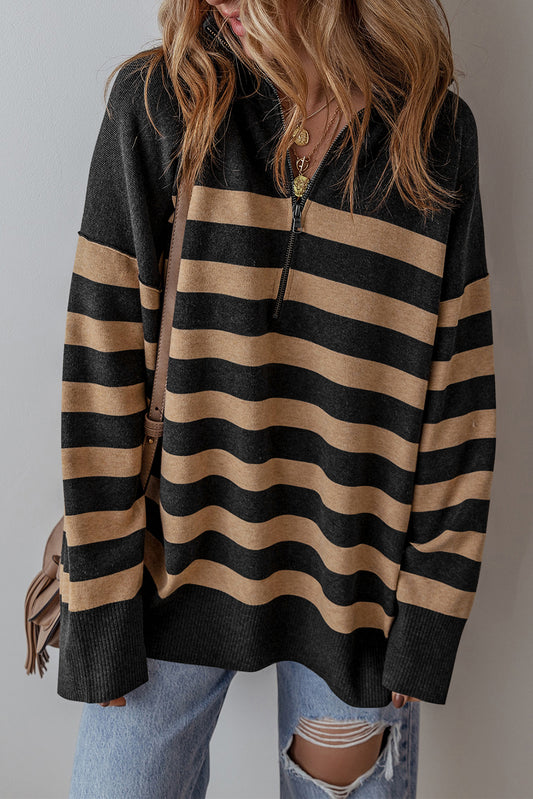 Black Stripe Collared Quarter Zipper Oversized Sweater-Chaelisa's New Jammies