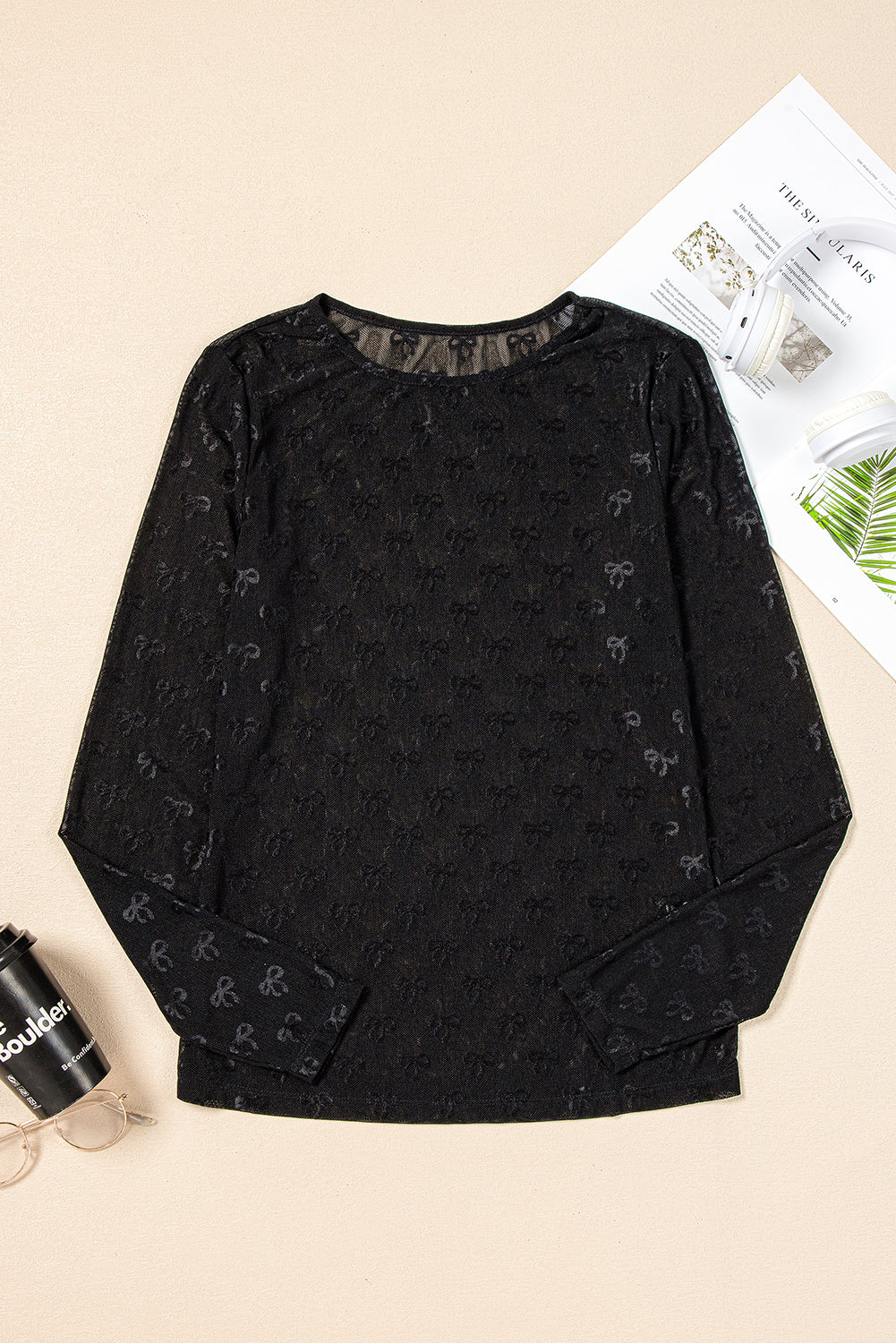 Black Mesh Bow Pattern Long Sleeve Top-Chaelisa's New Jammies