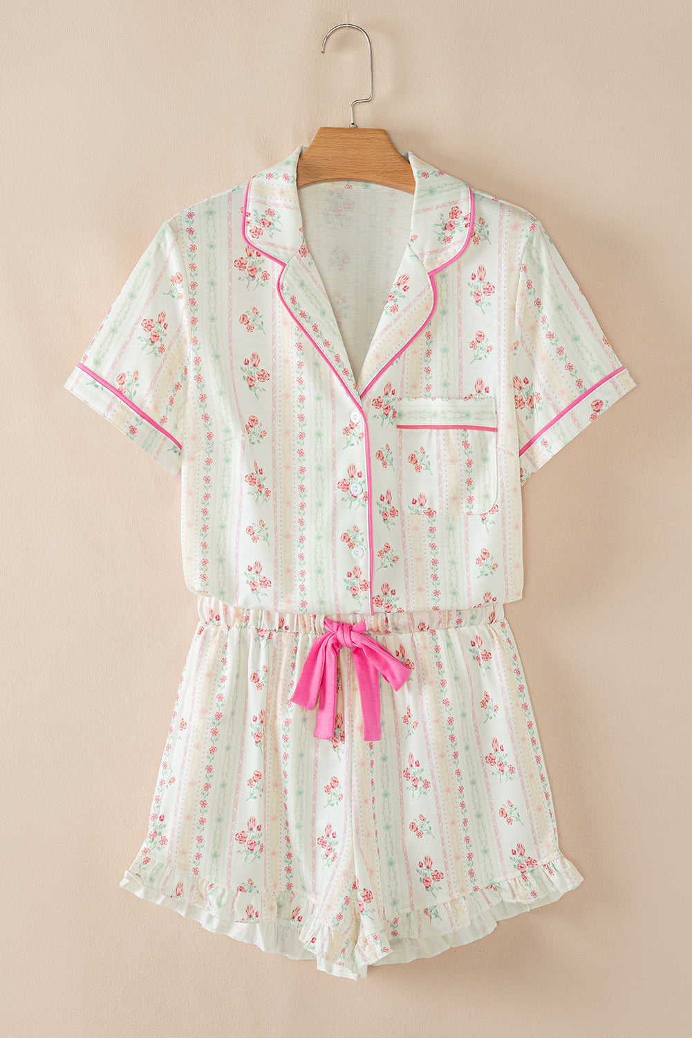 Beige Floral Print Contrast Pipping Short Pajamas Set-Chaelisa's New Jammies