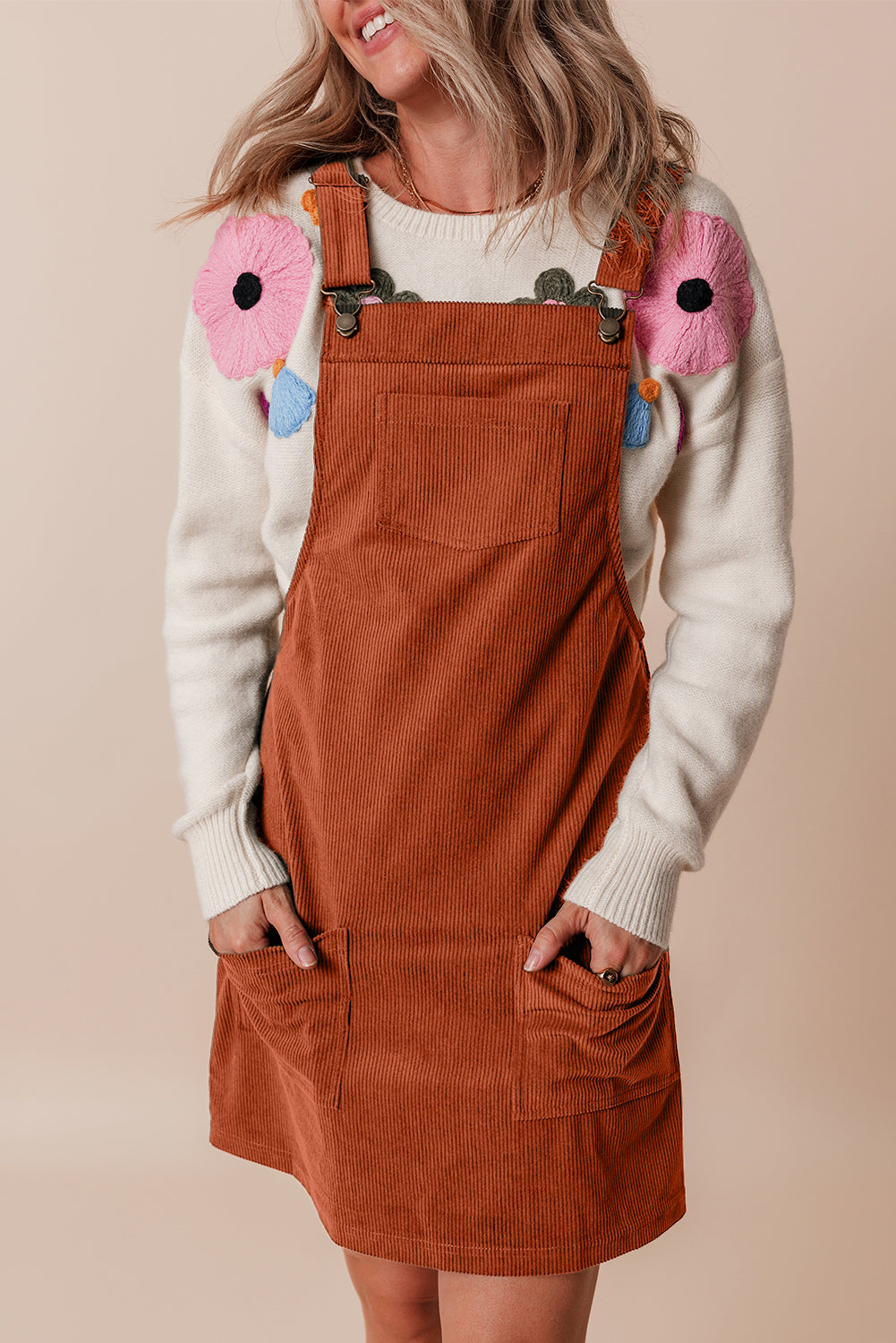 Cinnamon Solid Front Pockets Sleeveless Corduroy Overall Dress-Chaelisa's New Jammies