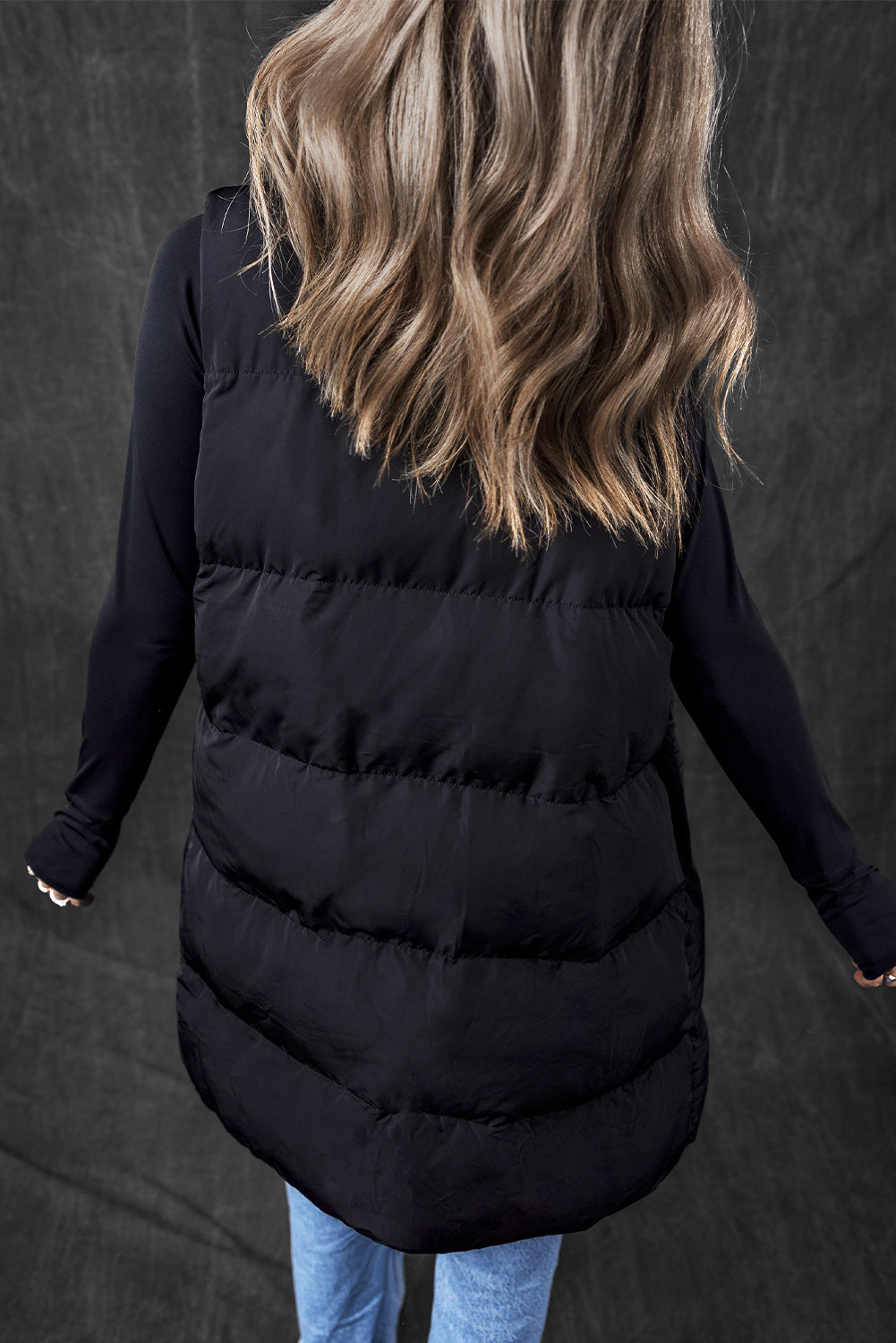 Black Windproof Longline Full Zipper Puffer Vest with Pockets-Chaelisa's New Jammies