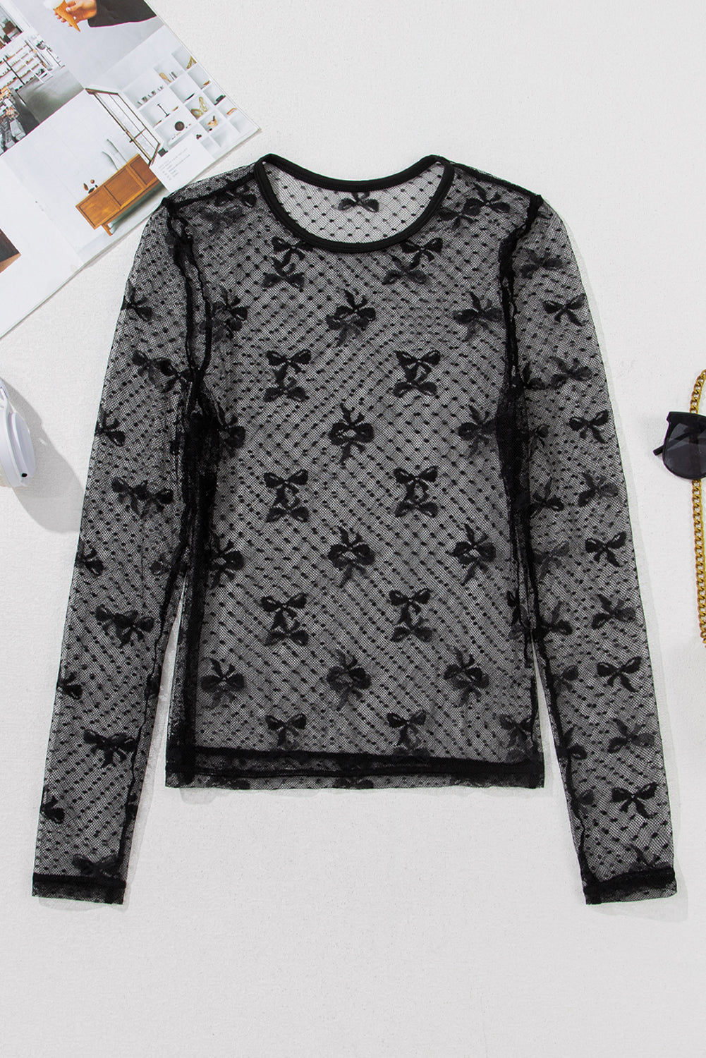 Black Bow Pattern Accent Mesh Long Sleeve Top-Chaelisa's New Jammies