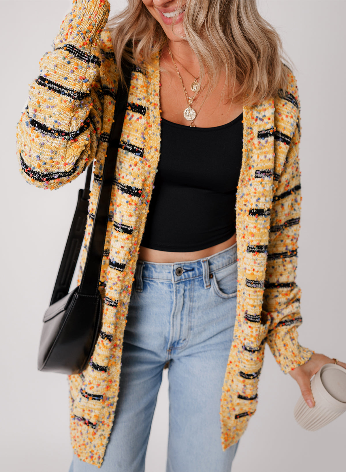 Beige Striped Pom Pom Knit Open Front Long Cardigan-Chaelisa's New Jammies