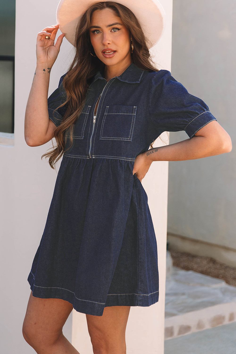 Dirty blue Zipped up Bodice Collared Short Puff Sleeve Denim Dress-Chaelisa's New Jammies