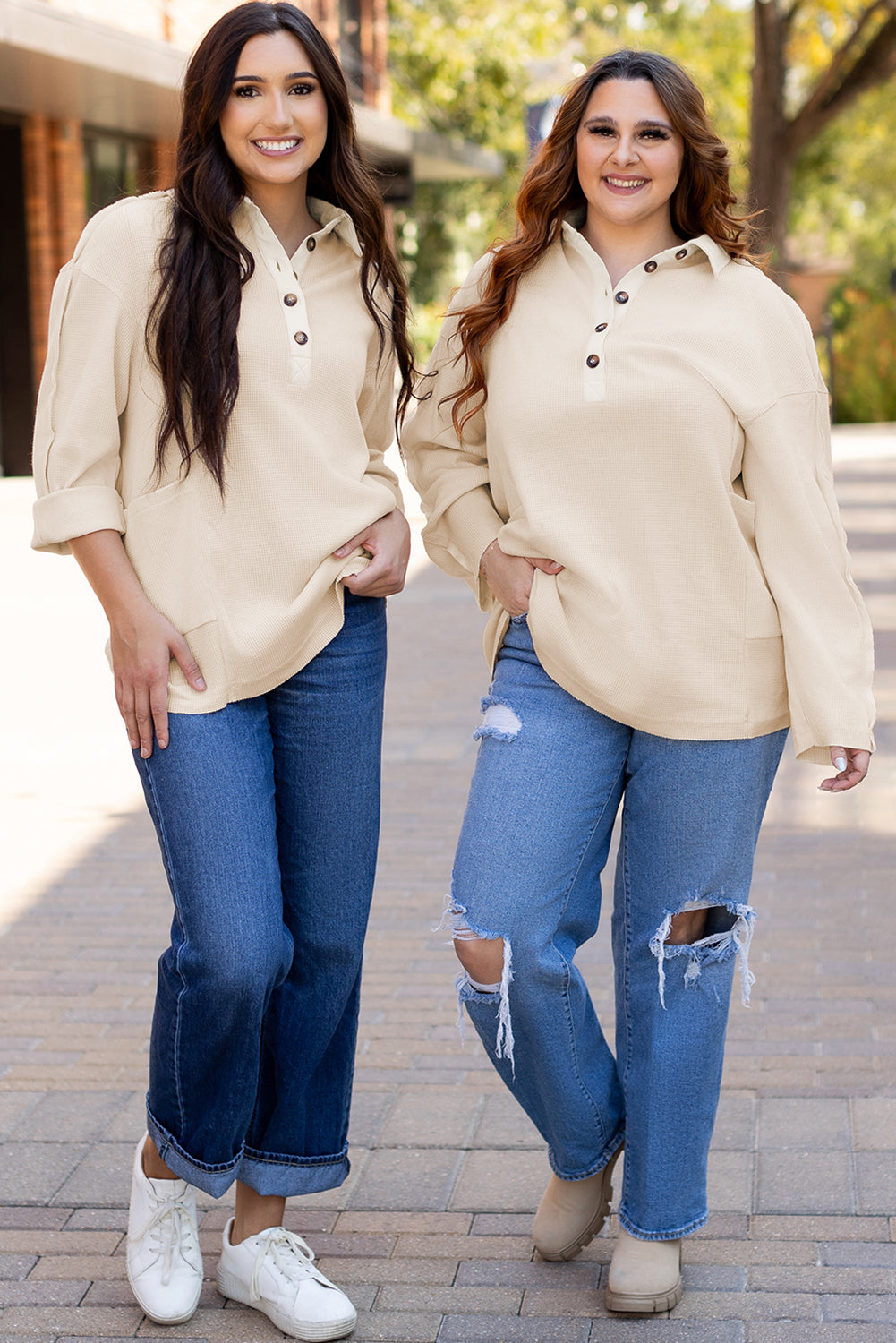 Jet Stream Waffle Long Sleeve Collar Half Button Loose Top-Chaelisa's New Jammies