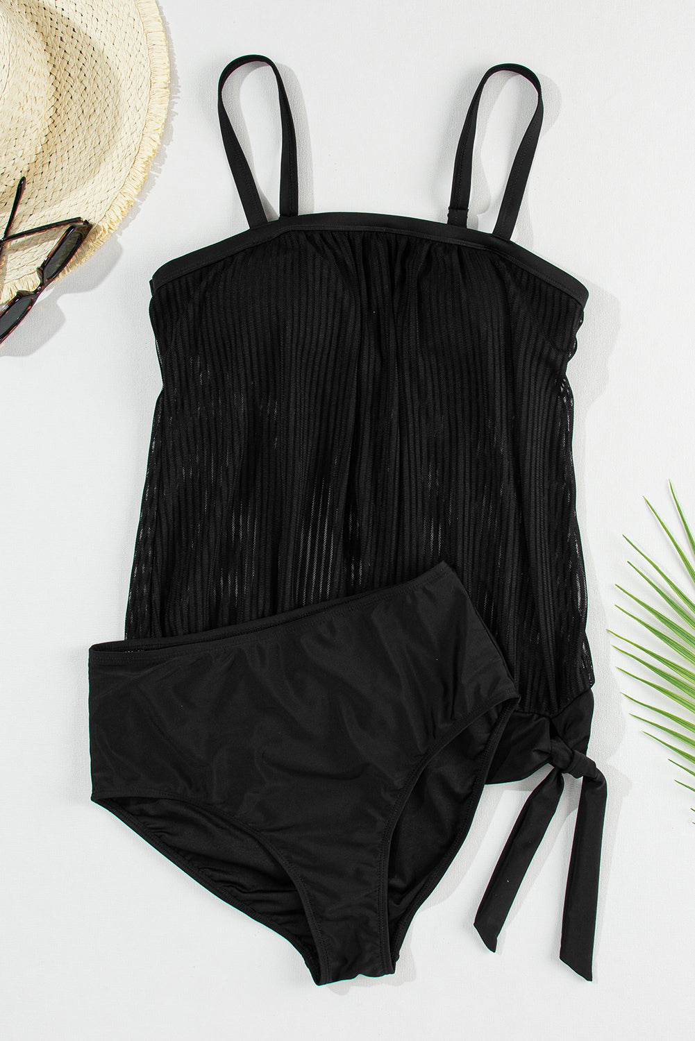 Black Striped Mesh Knotted Hem Tankini Swimsuit-Chaelisa's New Jammies