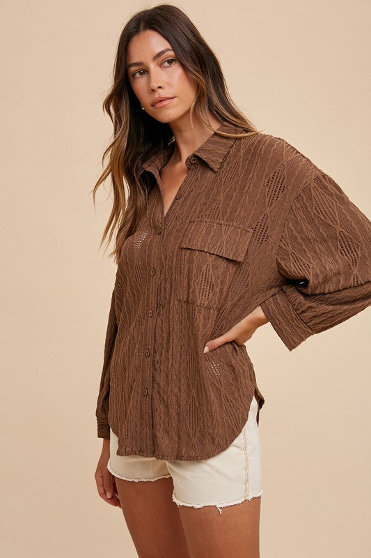 Annie Wear Openwork Button Down Drop Shoulder Shirt-Chaelisa's New Jammies