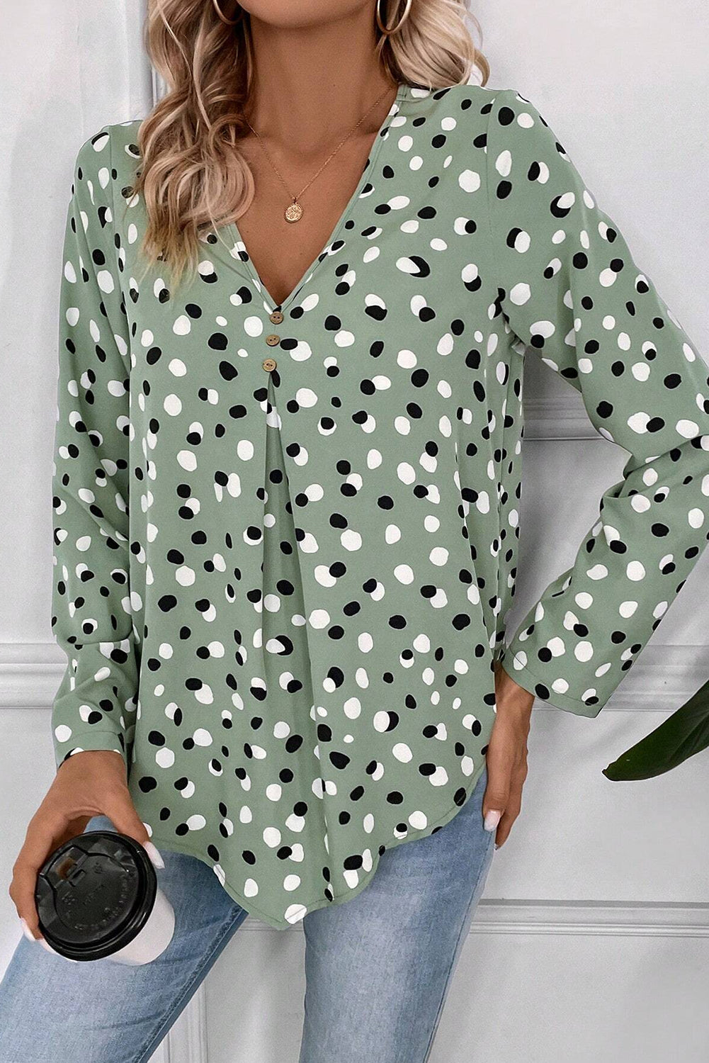 Green Polka Dot Print Button Front V Neck Blouse-Chaelisa's New Jammies