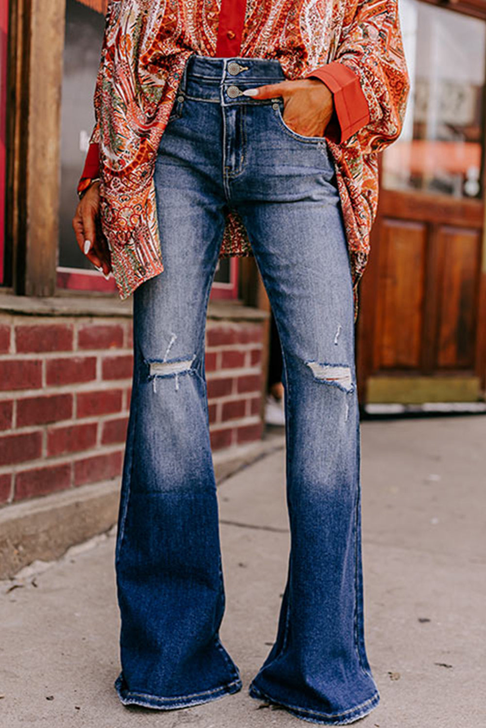Sky Blue Button Fly Ripped High Waist Flare Jeans-Chaelisa's New Jammies