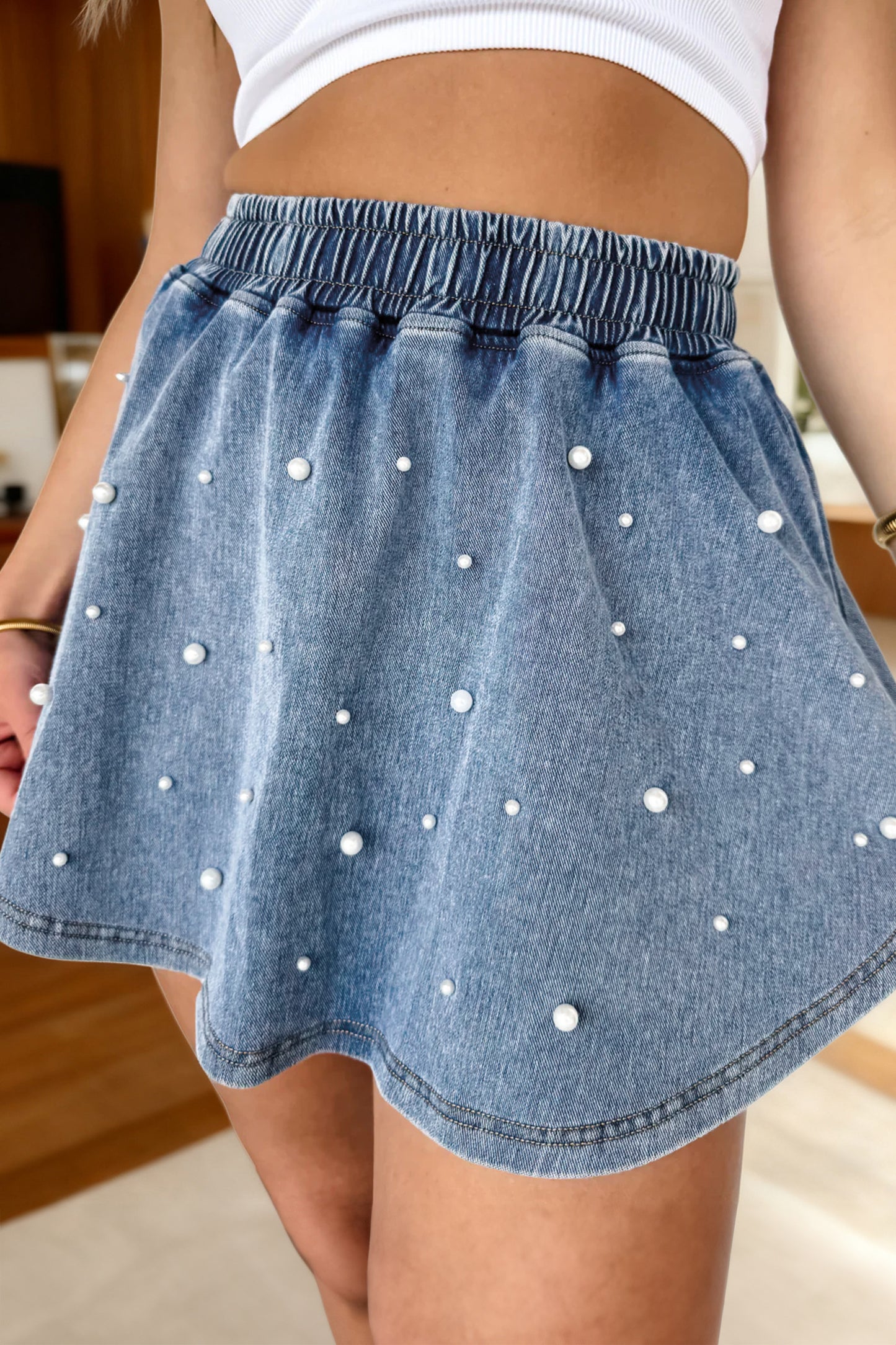 Ashleigh Blue Denim Pearl Embellished Elastic Waist Mini Skort