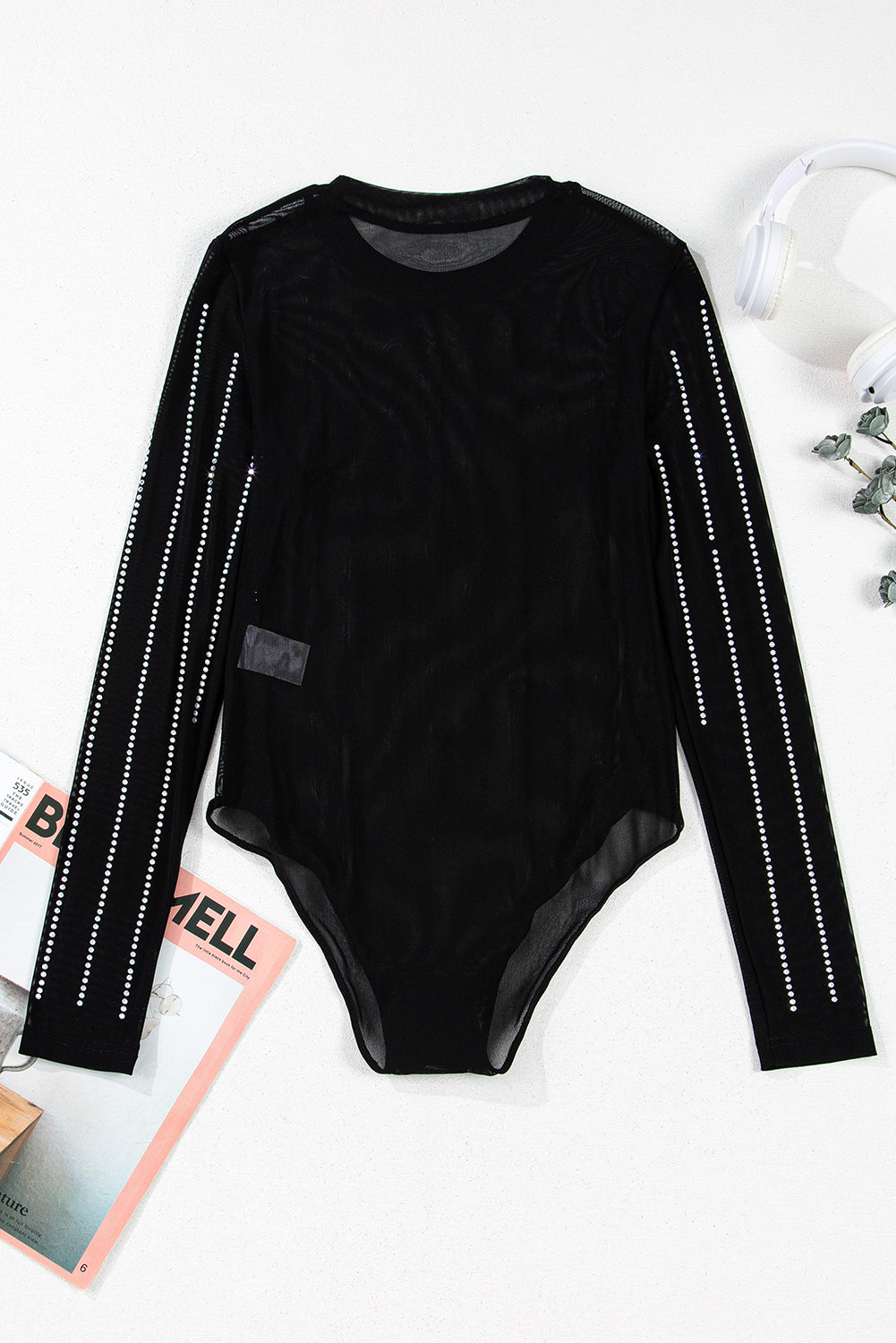 Black Rhinestone Decor Striped Mesh Long Sleeve Bodysuit-Chaelisa's New Jammies