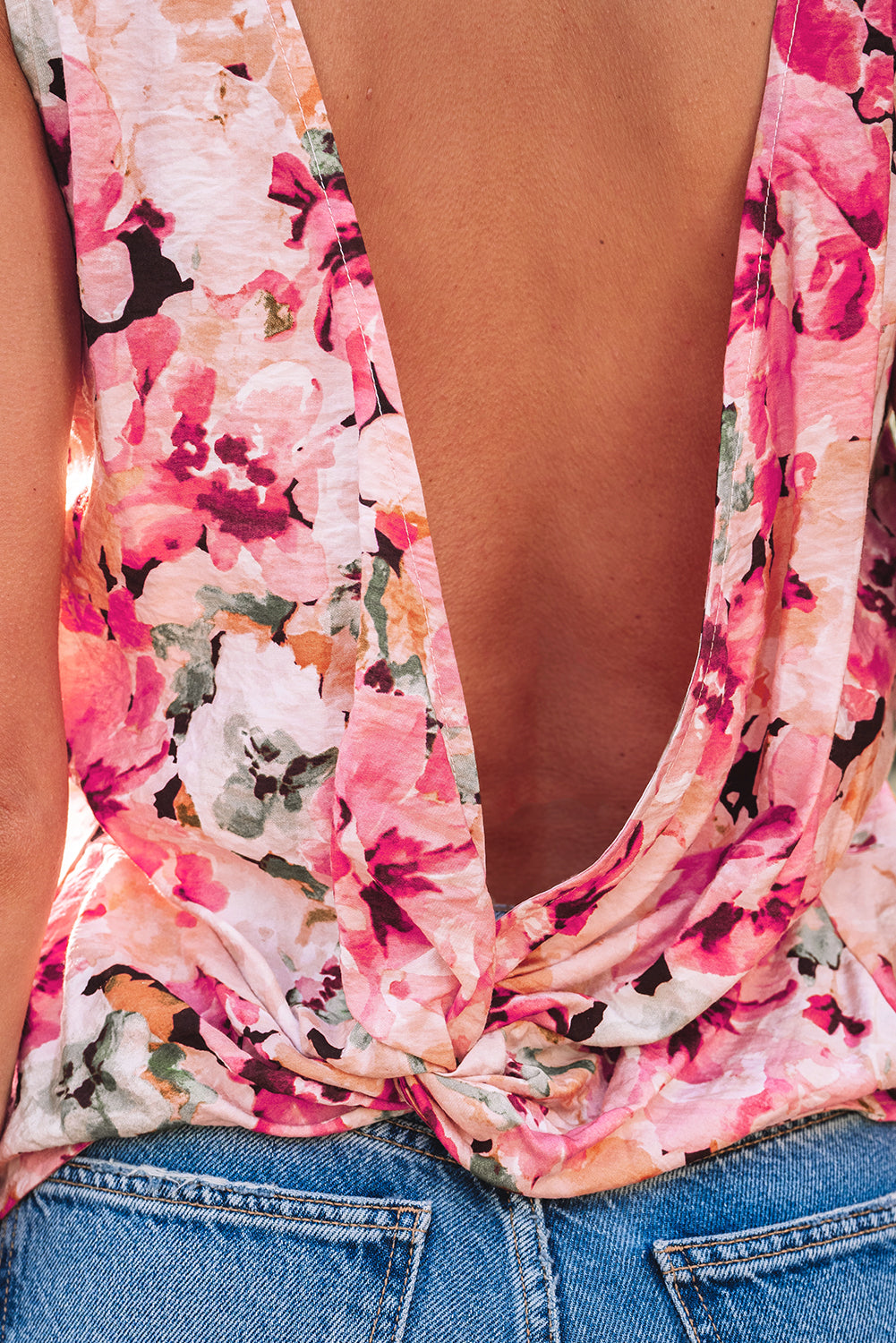 Pink Floral Round Neck Twisted Cut Out Back Tank Top-Chaelisa's New Jammies
