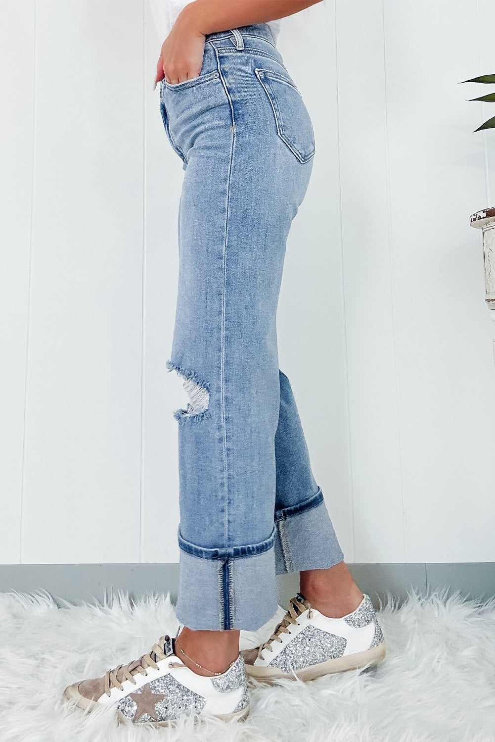 Dusk Blue High Rise Asymmetric Button Zip Fly Ripped Jeans-Chaelisa's New Jammies