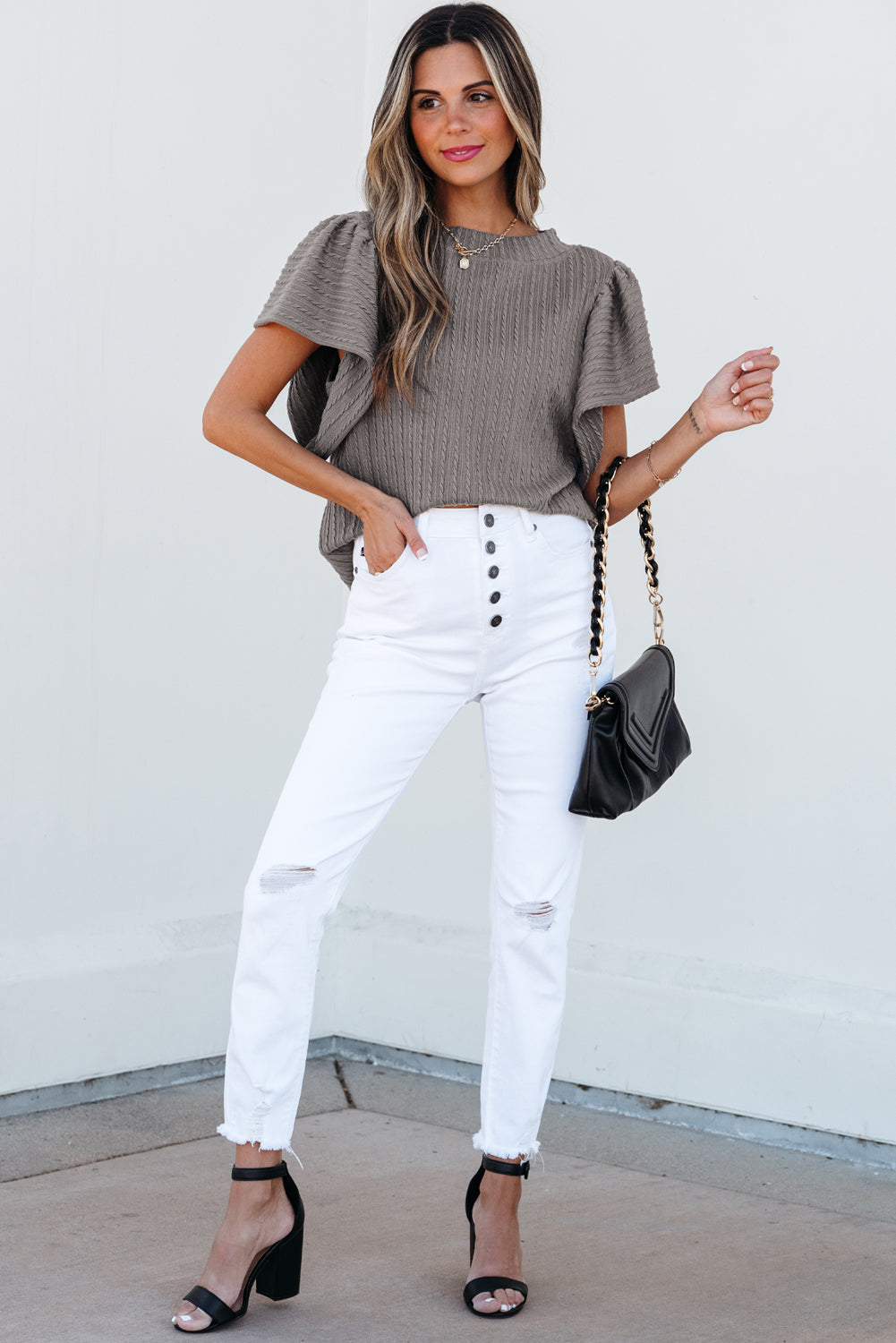 Sleet Solid Color Textured Flutter Sleeve Top-Chaelisa's New Jammies