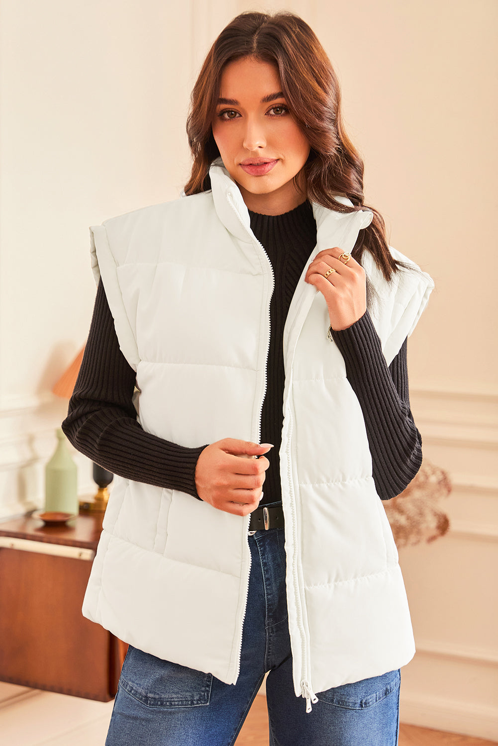 Beige Zipper Stand Neck Oversized Puffer Vest-Chaelisa's New Jammies