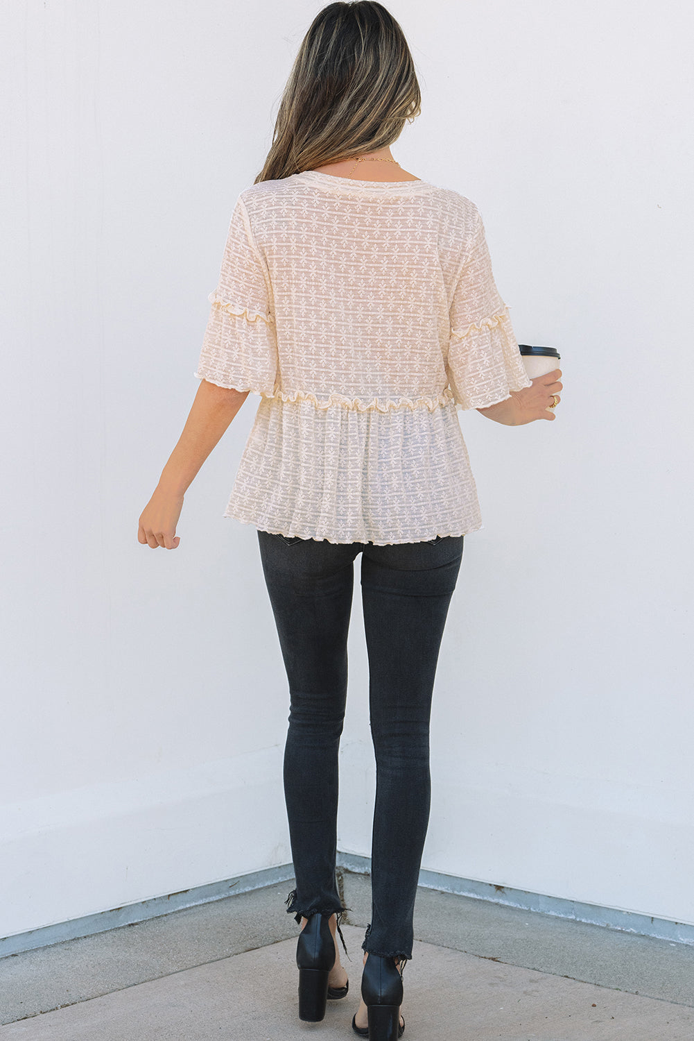 Beige Solid Color Textured Ruffled Short Sleeve Blouse-Chaelisa's New Jammies