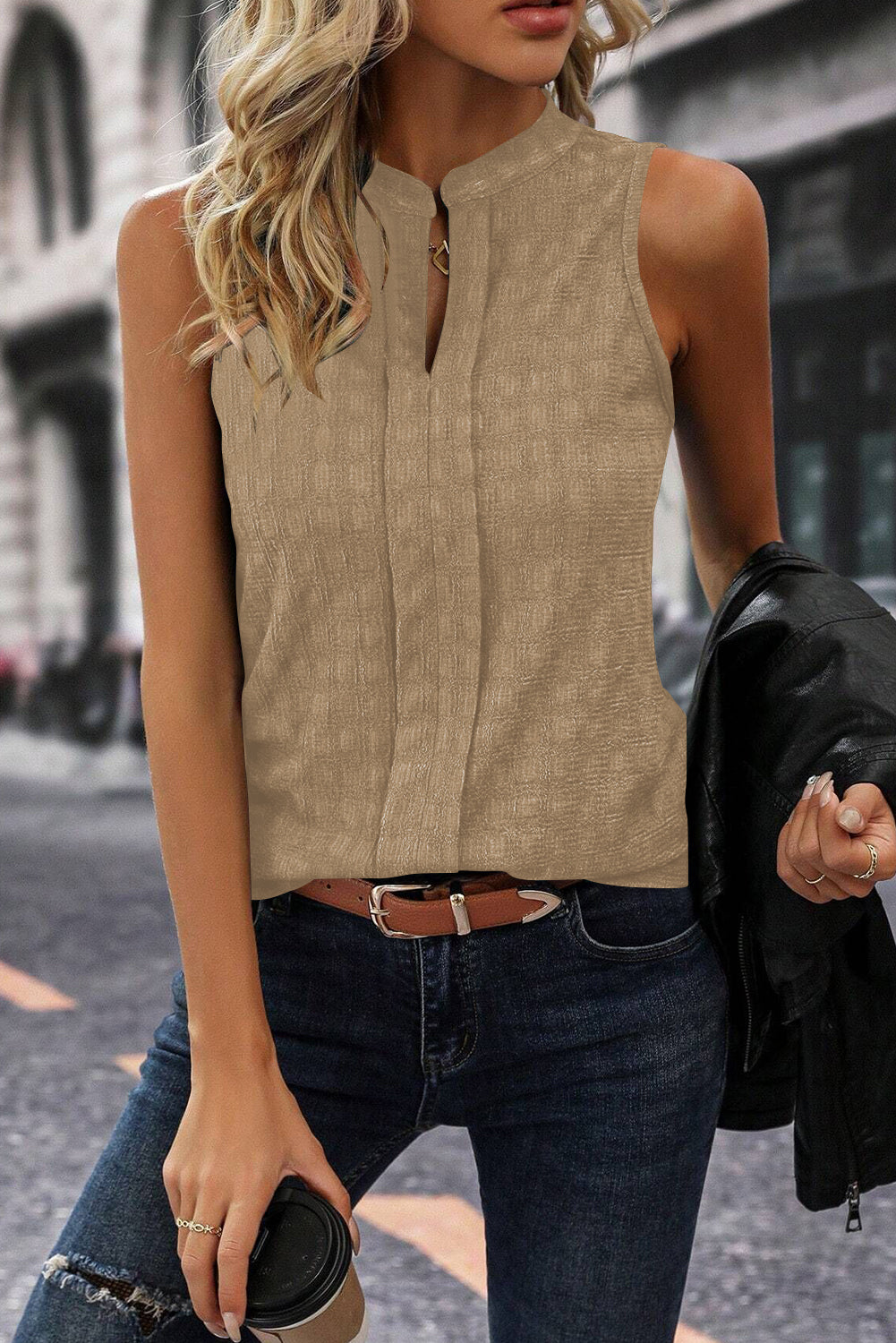 Light French Beige Lattice Textured Split Neck Tank Top-Chaelisa's New Jammies