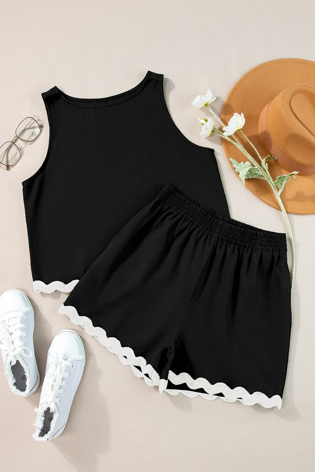 Black Ricrac Trim Tank Top Elastic Waist Shorts Set-Chaelisa's New Jammies
