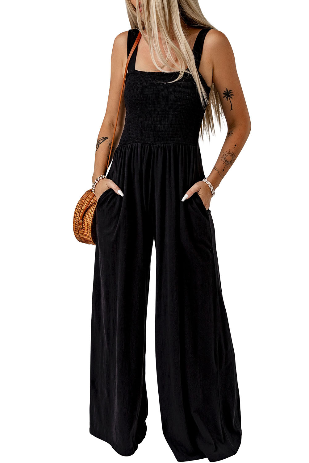 Black Smocked Sleeveless Wide Leg Jumpsuit with Pockets-Chaelisa's New Jammies