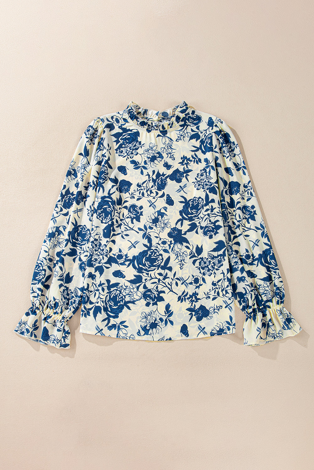 Sky Blue Floral Print Flounce Sleeve Keyhole Back Blouse-Chaelisa's New Jammies