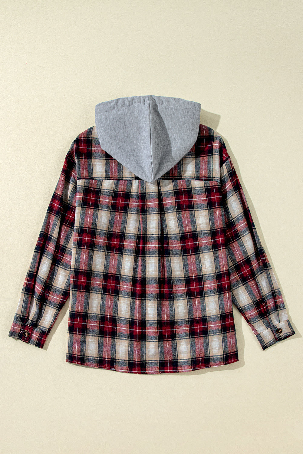 Red Plaid Print Chest Pocket Buttoned Hooded Shacket-Chaelisa's New Jammies