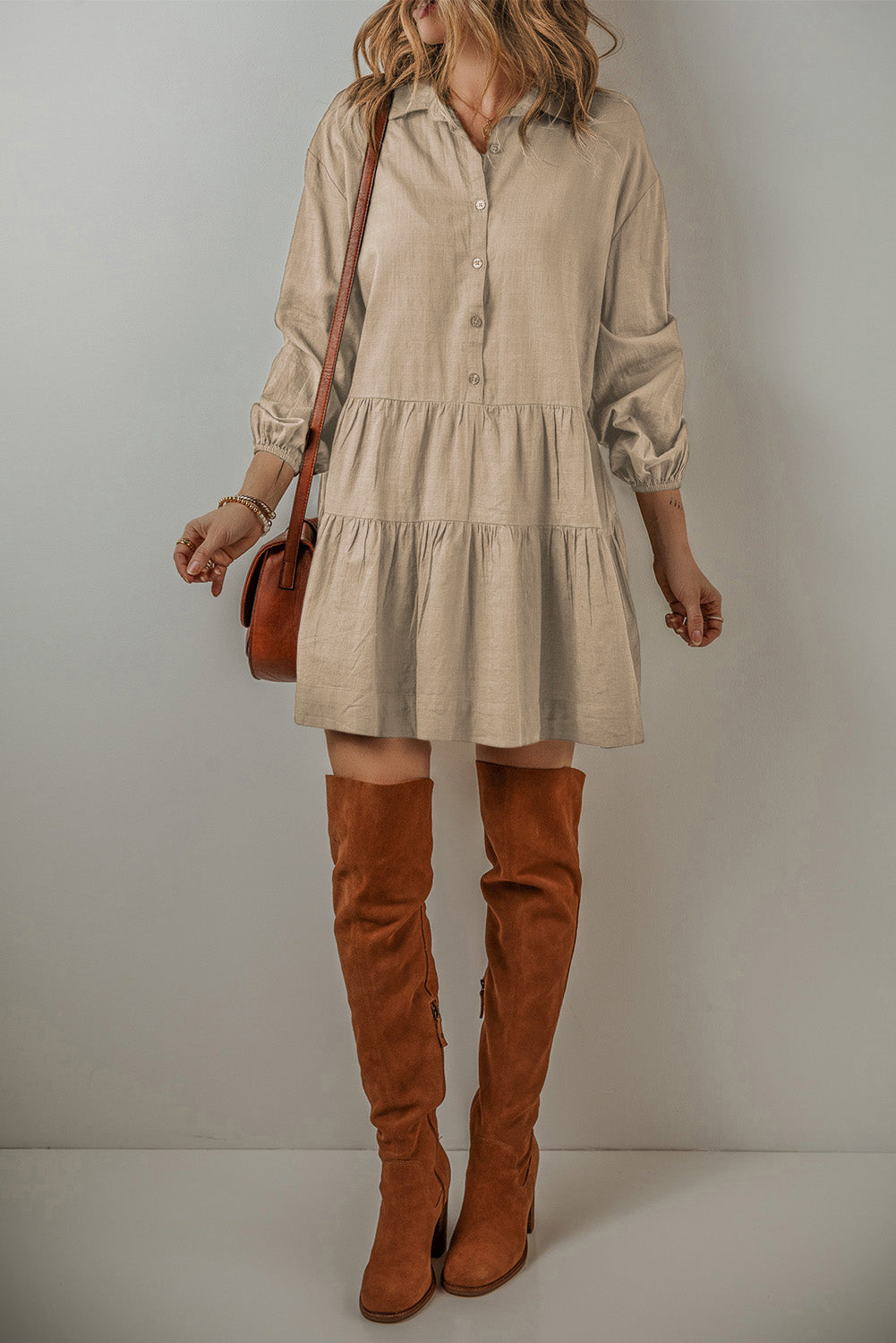 Tan Puff Sleeve Buttoned Tiered Pleated Shirt Mini Dress-Chaelisa's New Jammies