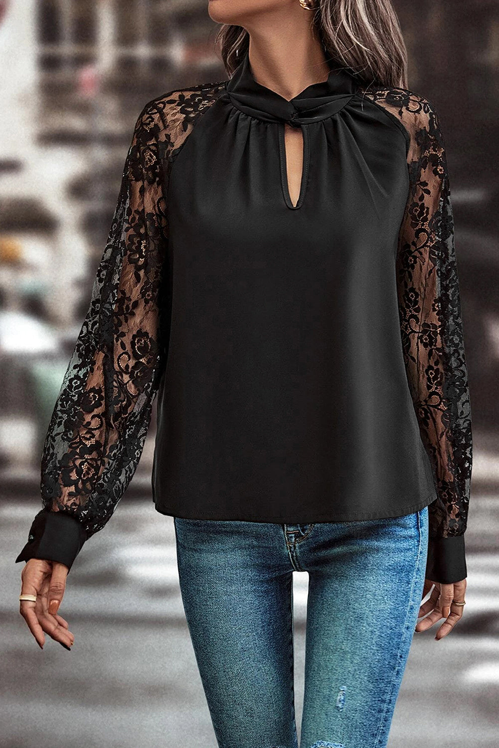 Black Keyhole Neckline Floral Lace Raglan Sleeve Blouse-Chaelisa's New Jammies