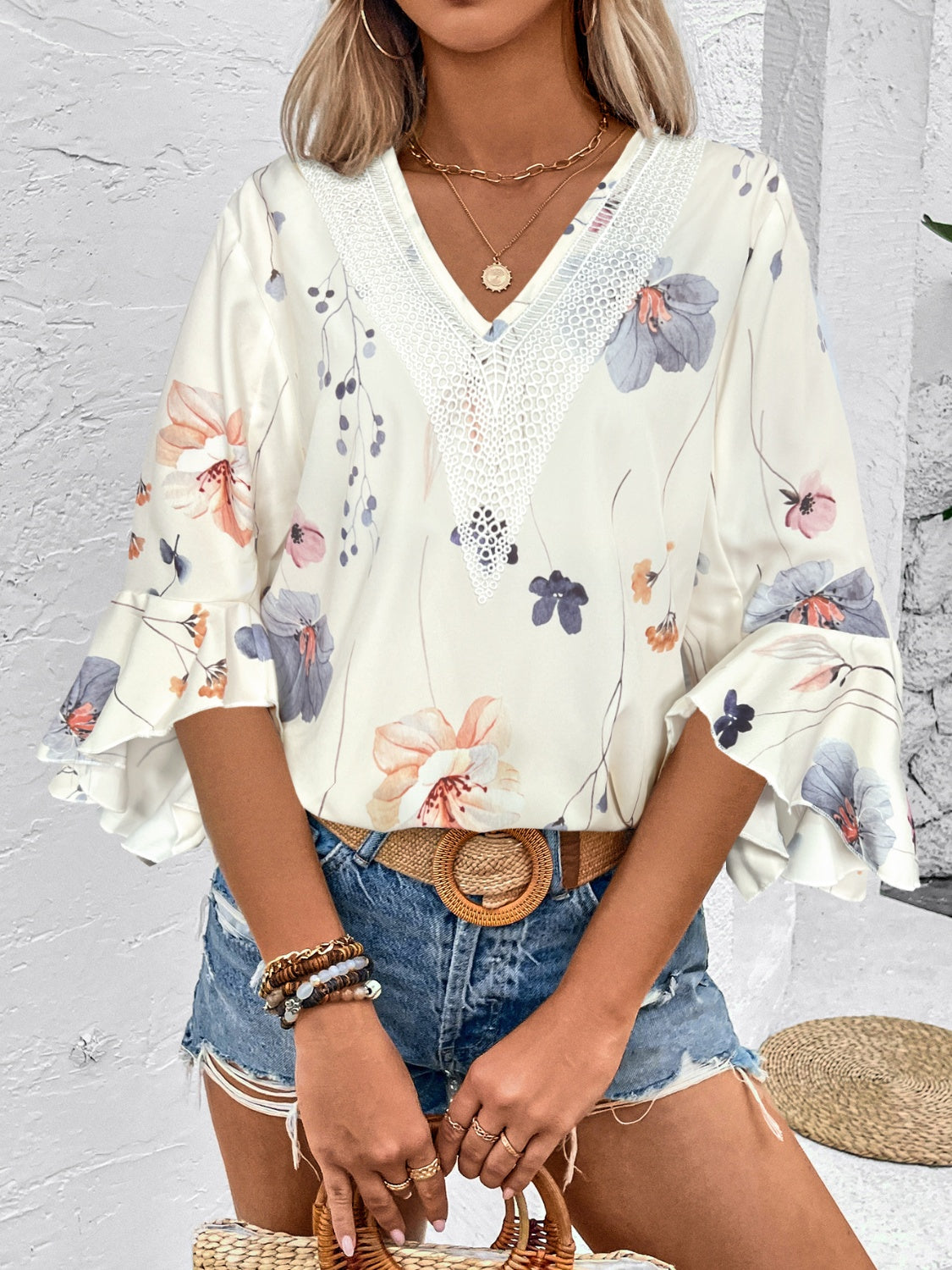 Ruffled Printed V-Neck Half Sleeve Blouse-Chaelisa's New Jammies