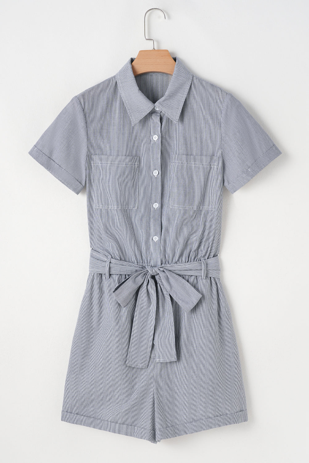 Blue Stripe Chest Pockets Buttoned Belted High Waist Romper-Chaelisa's New Jammies