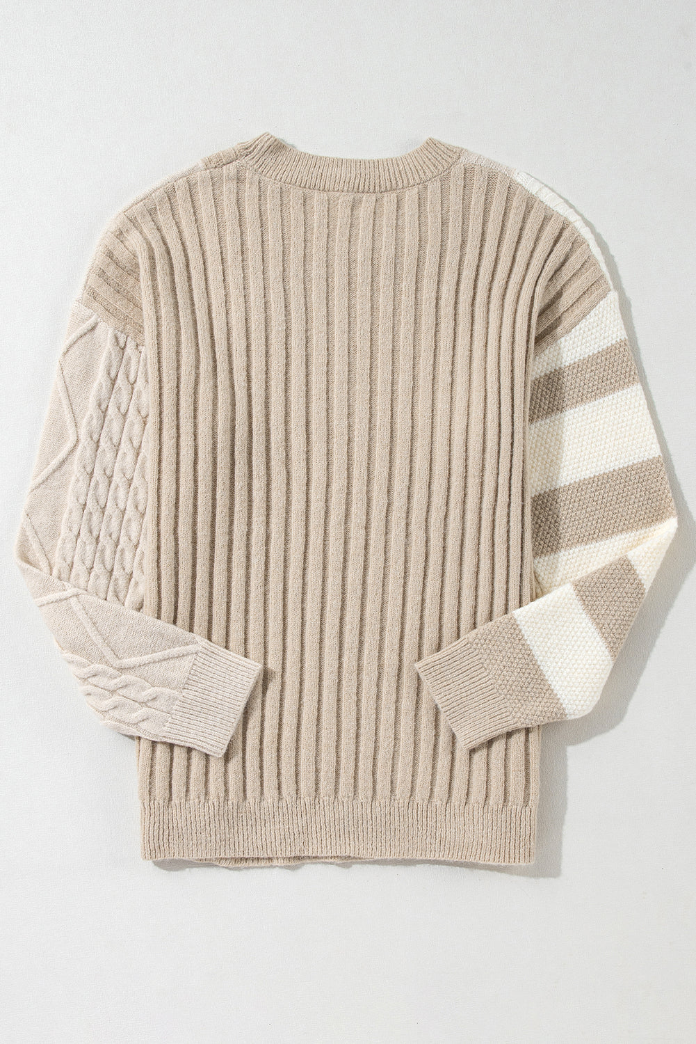 Khaki Cable Knit Colorblock Crew Neck Drop Shoulder Sweater-Chaelisa's New Jammies