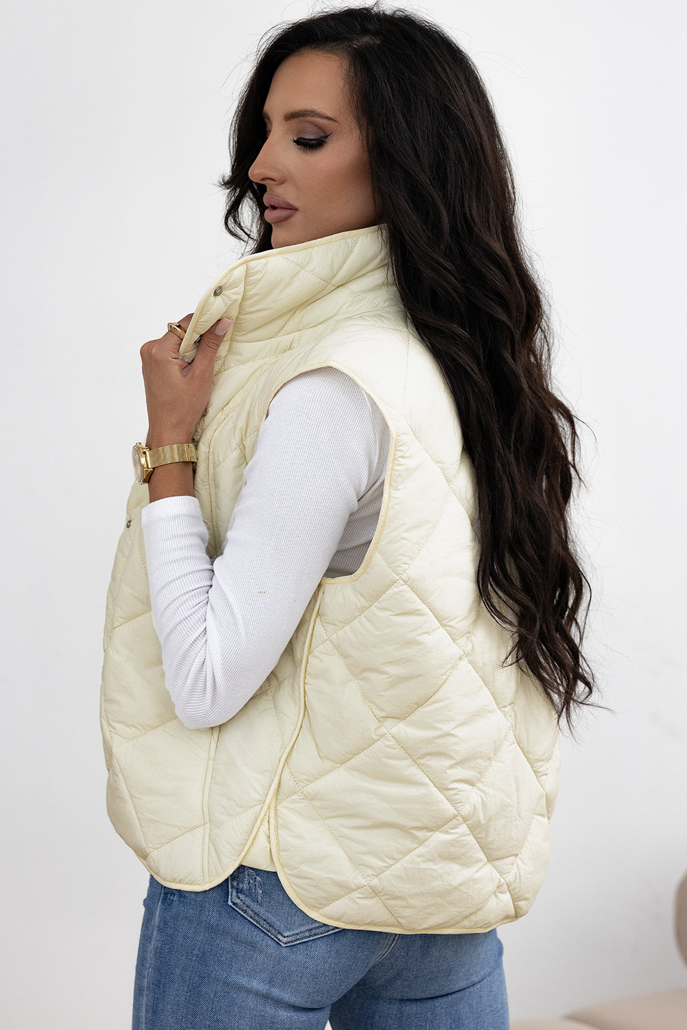 Beige Quilted High Neck Button Up Pocket Vest Coat-Chaelisa's New Jammies
