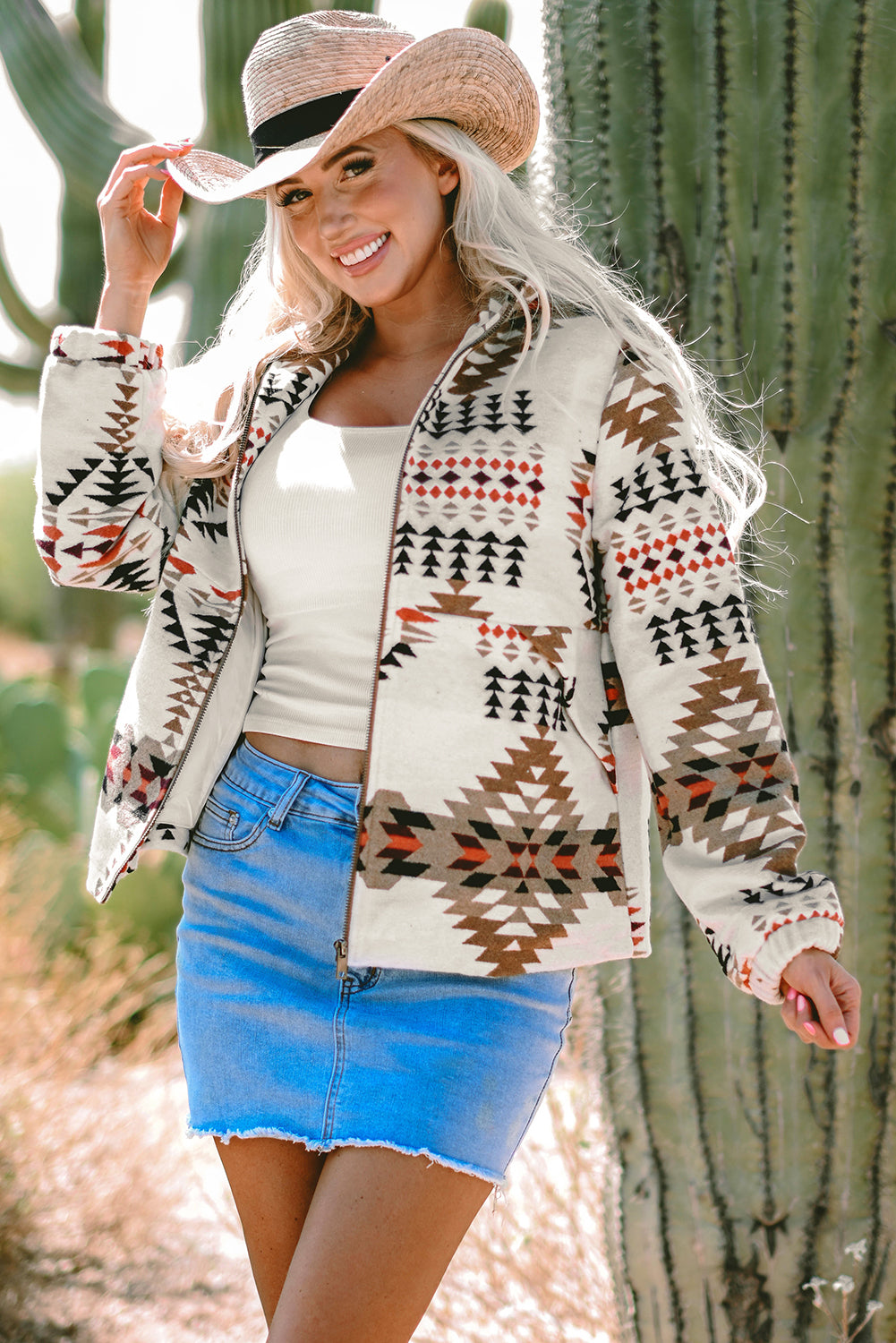 Beige Aztec Printed Stand Neck Zip Up Jacket-Chaelisa's New Jammies