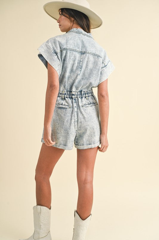 Annie Wear Elastic Waistband Short Sleeve Denim Romper-Chaelisa's New Jammies