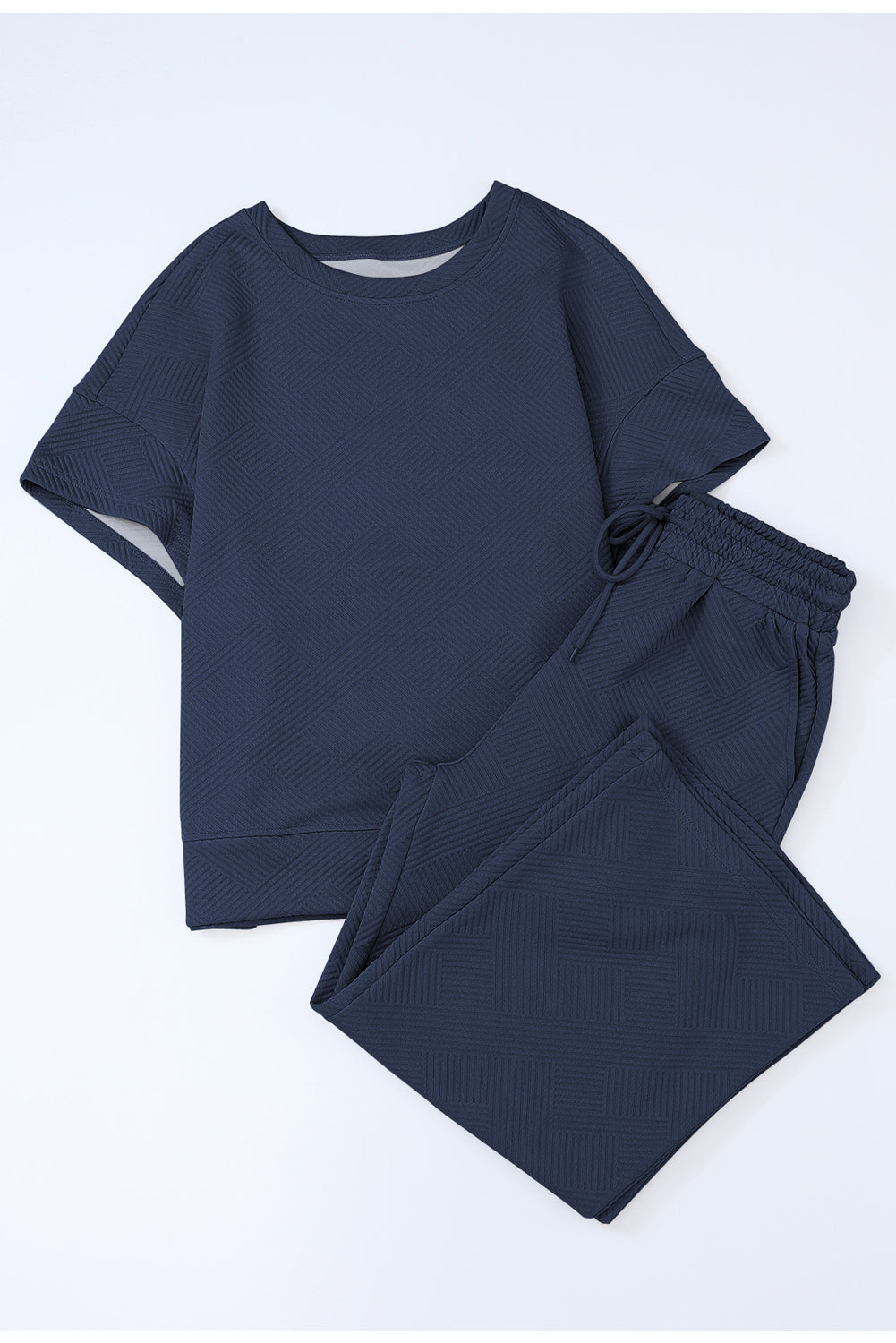 Navy Blue Textured Loose Fit T Shirt and Drawstring Pants Set-Chaelisa's New Jammies