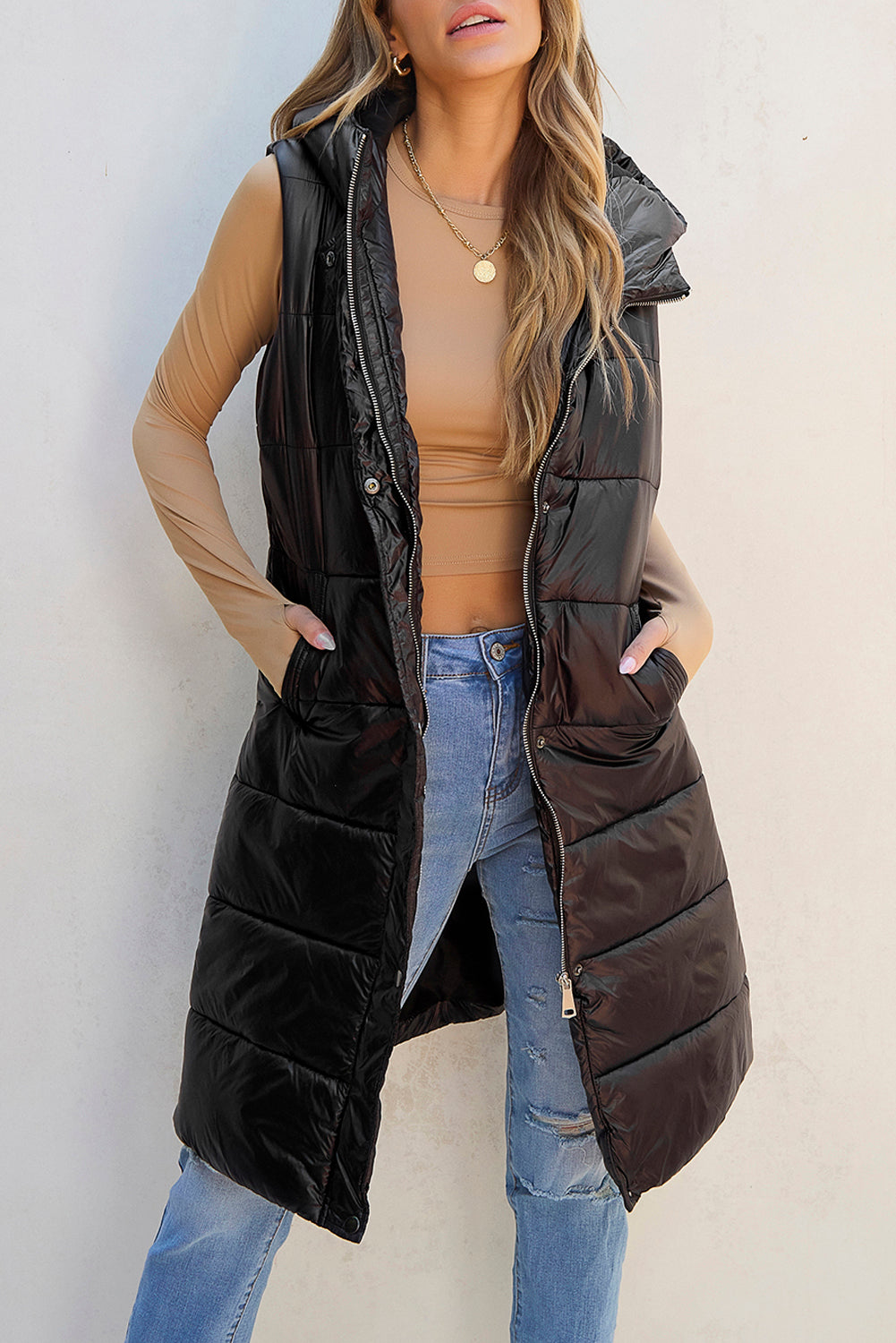 Black Hooded Long Quilted Vest Coat-Chaelisa's New Jammies