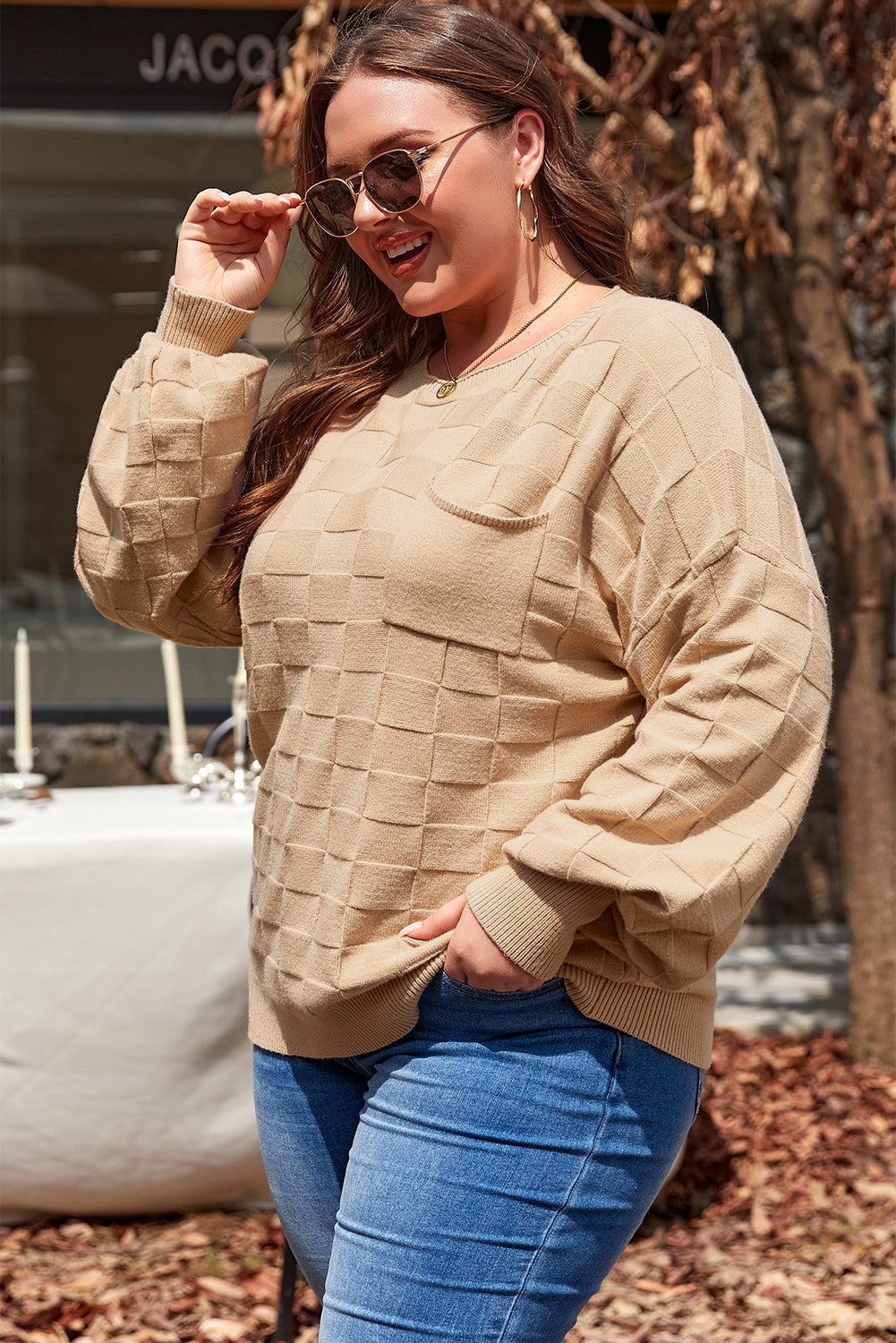 Light French Beige Solid Checkered Textured Knit Plus Size Sweater-Chaelisa's New Jammies
