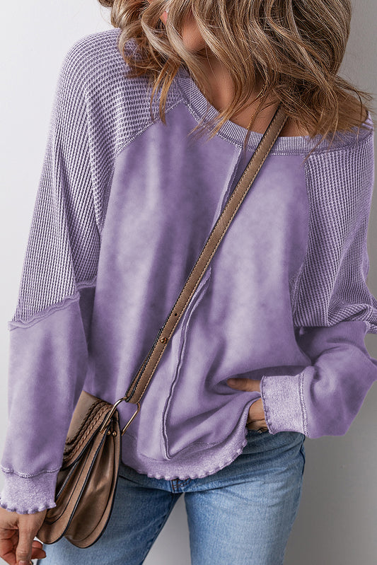 Orchid Petal Solid Waffle Knit Patchwork Raglan Sleeve Sweatshirt-Chaelisa's New Jammies