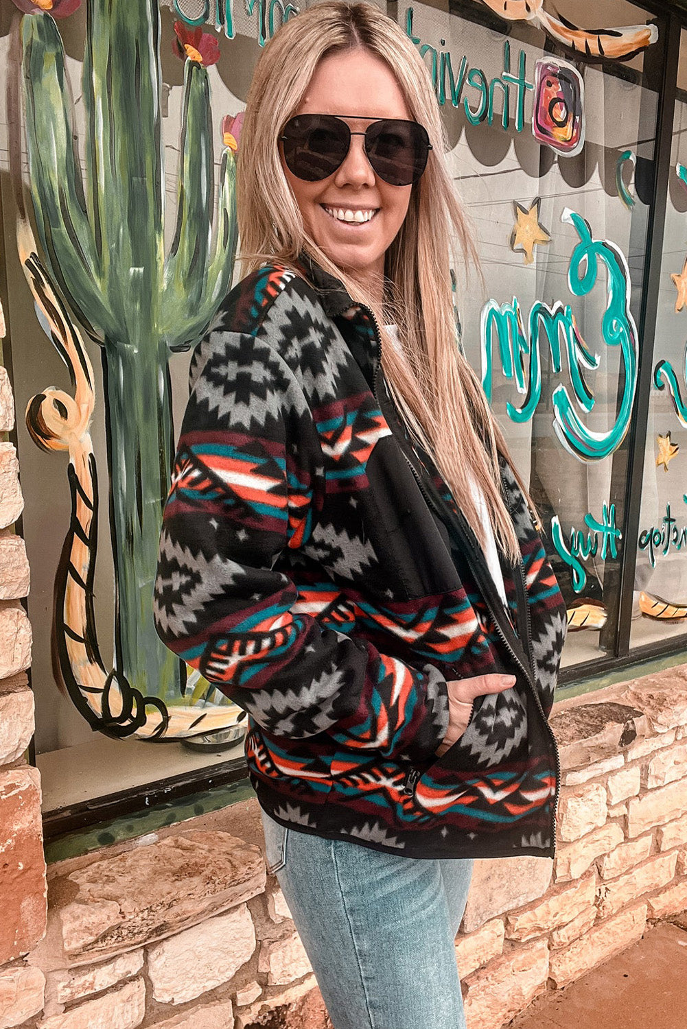 Black Aztec Printed Zip Up Collar Jacket-Chaelisa's New Jammies