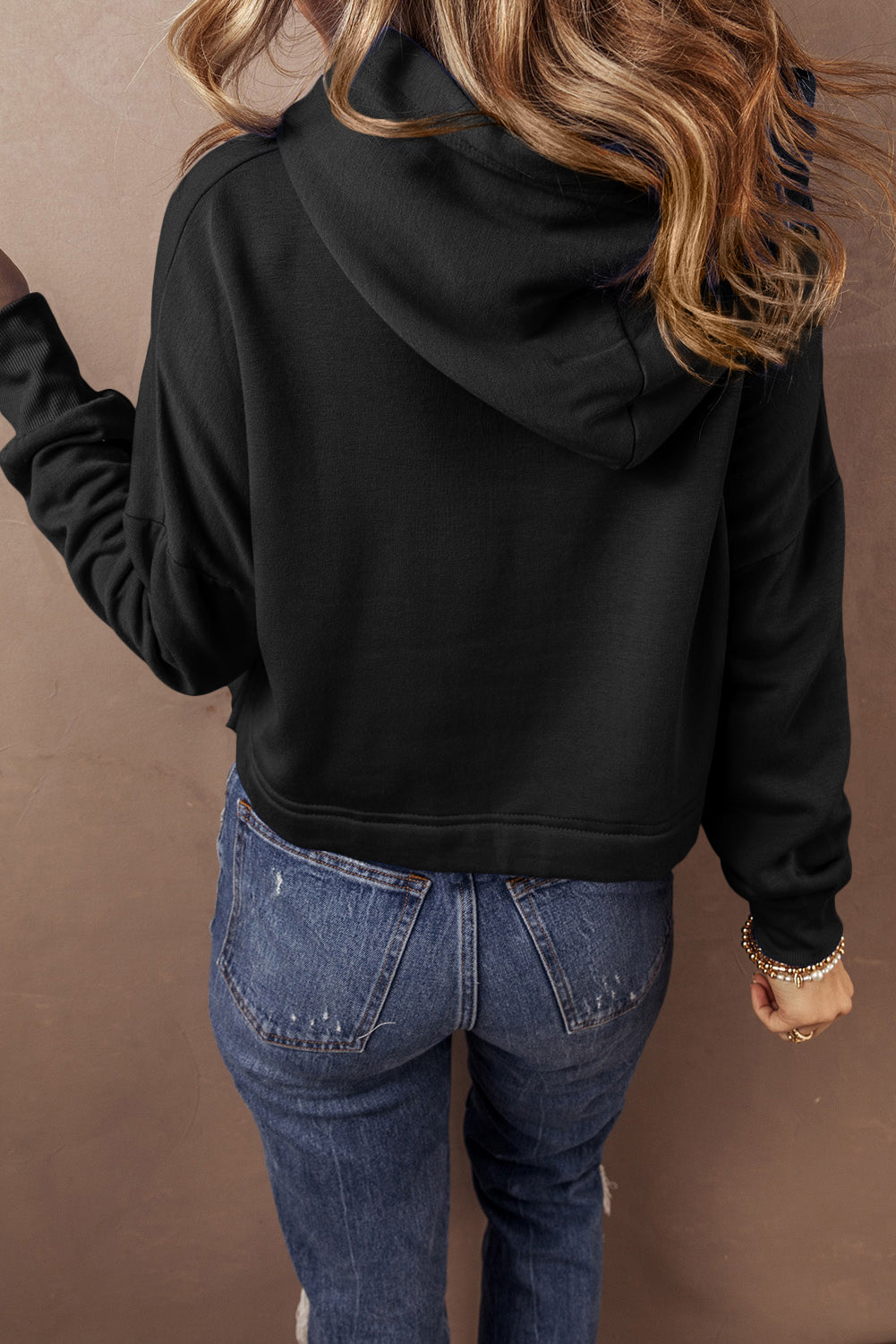 Black Solid Drop Shoulder Drawstring Cropped Hoodie-Chaelisa's New Jammies