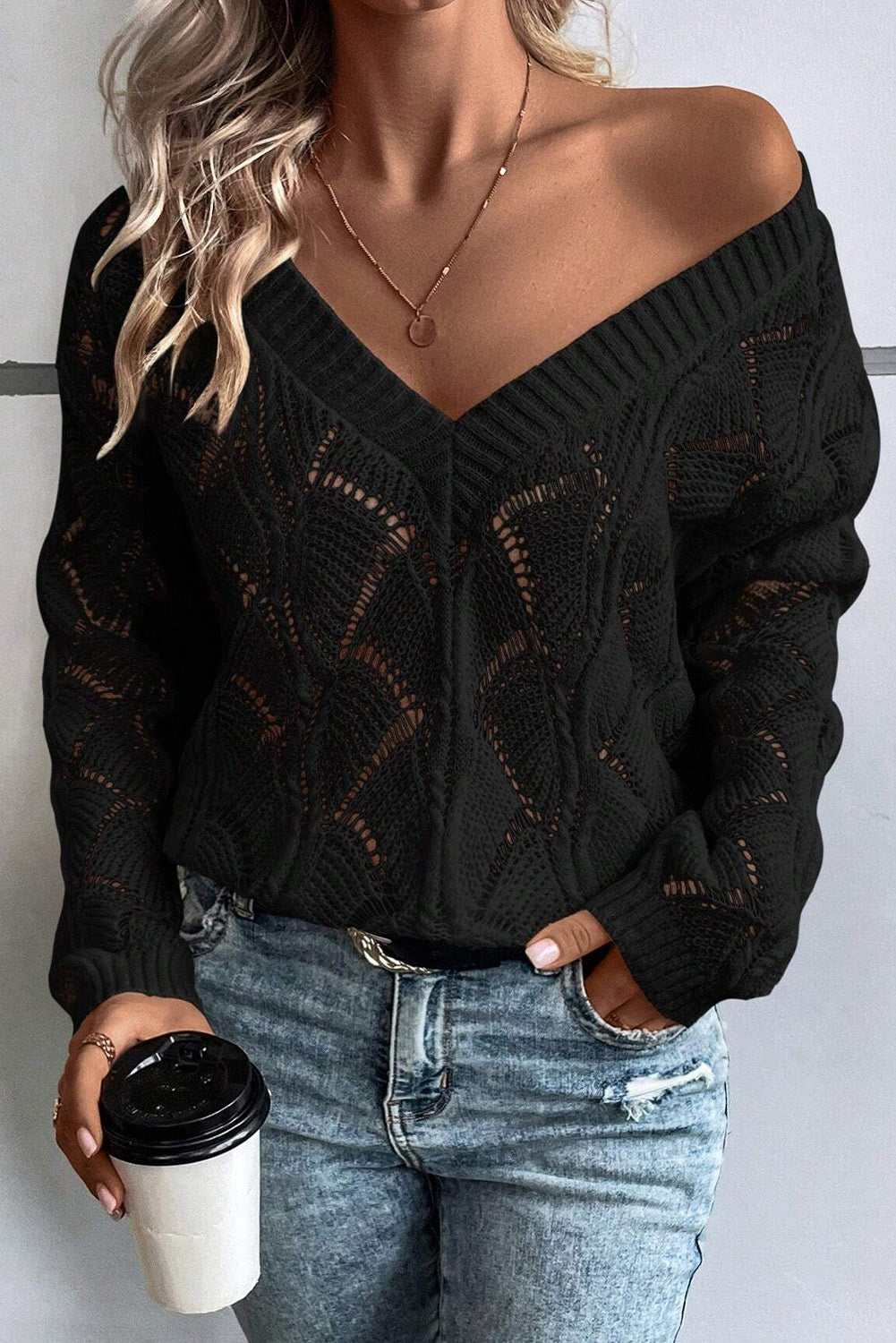Black Hollow Out Knit V Neck Drop Shoulder Sweater-Chaelisa's New Jammies