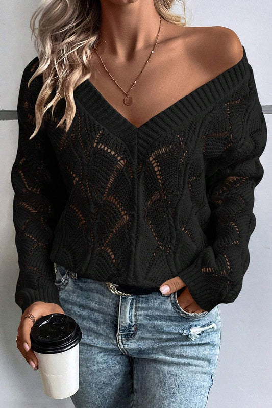 Black Hollow Out Knit V Neck Drop Shoulder Sweater-Chaelisa's New Jammies