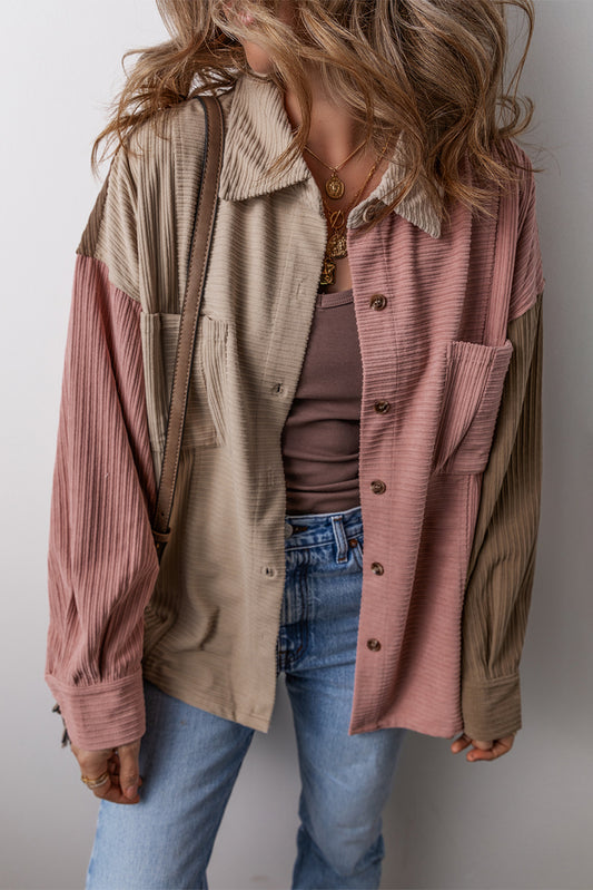 Mineral Red Color Block Chest Pockets Buttoned Corduroy Shacket-Chaelisa's New Jammies