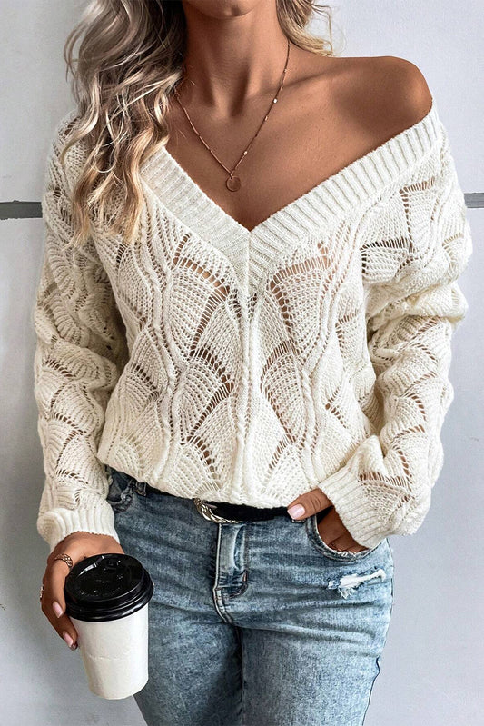 Beige Hollow Out Knit V Neck Drop Shoulder Sweater-Chaelisa's New Jammies